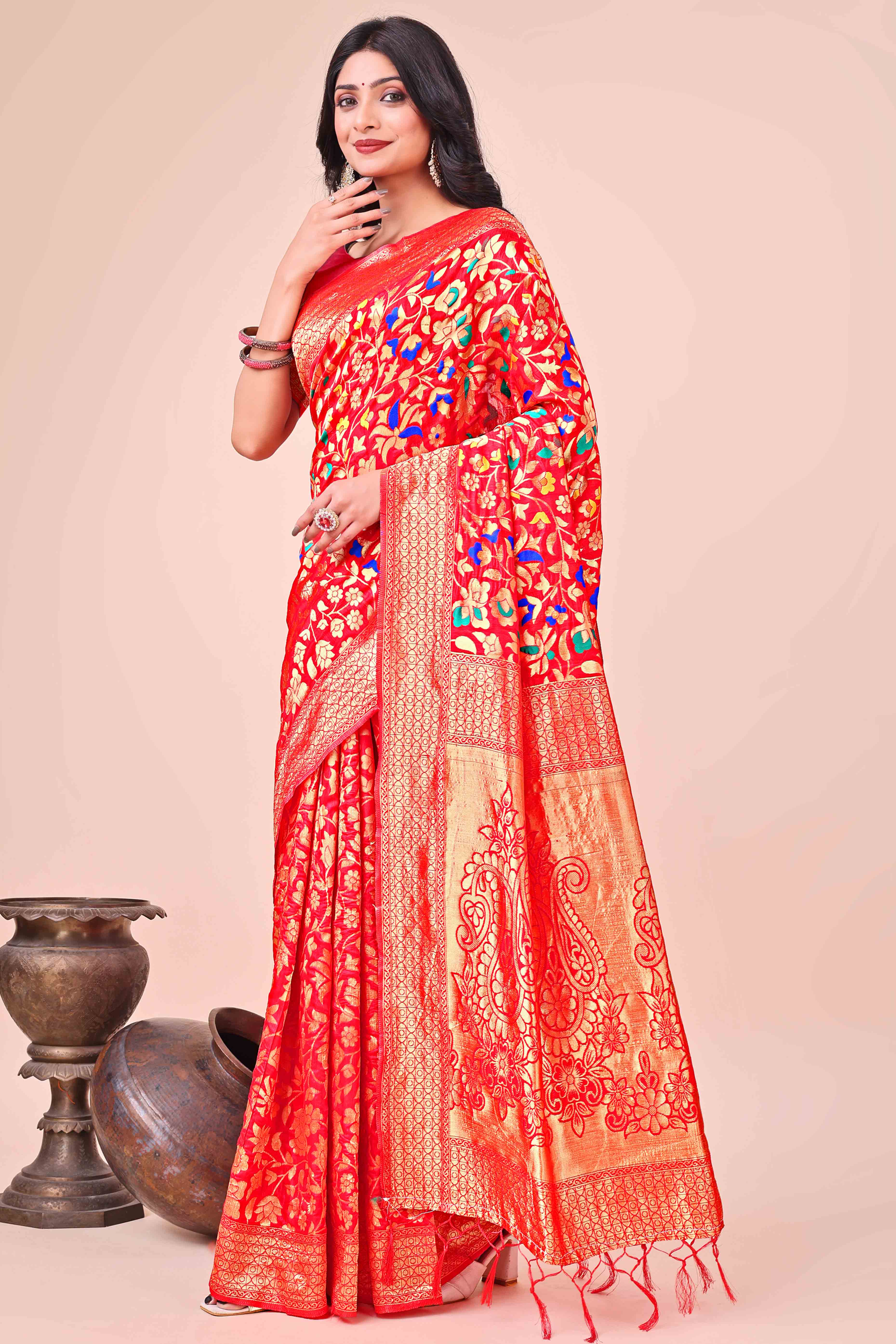 Red Lichi Banarasi Silk Saree With Floral Zari Work & Tassel Border