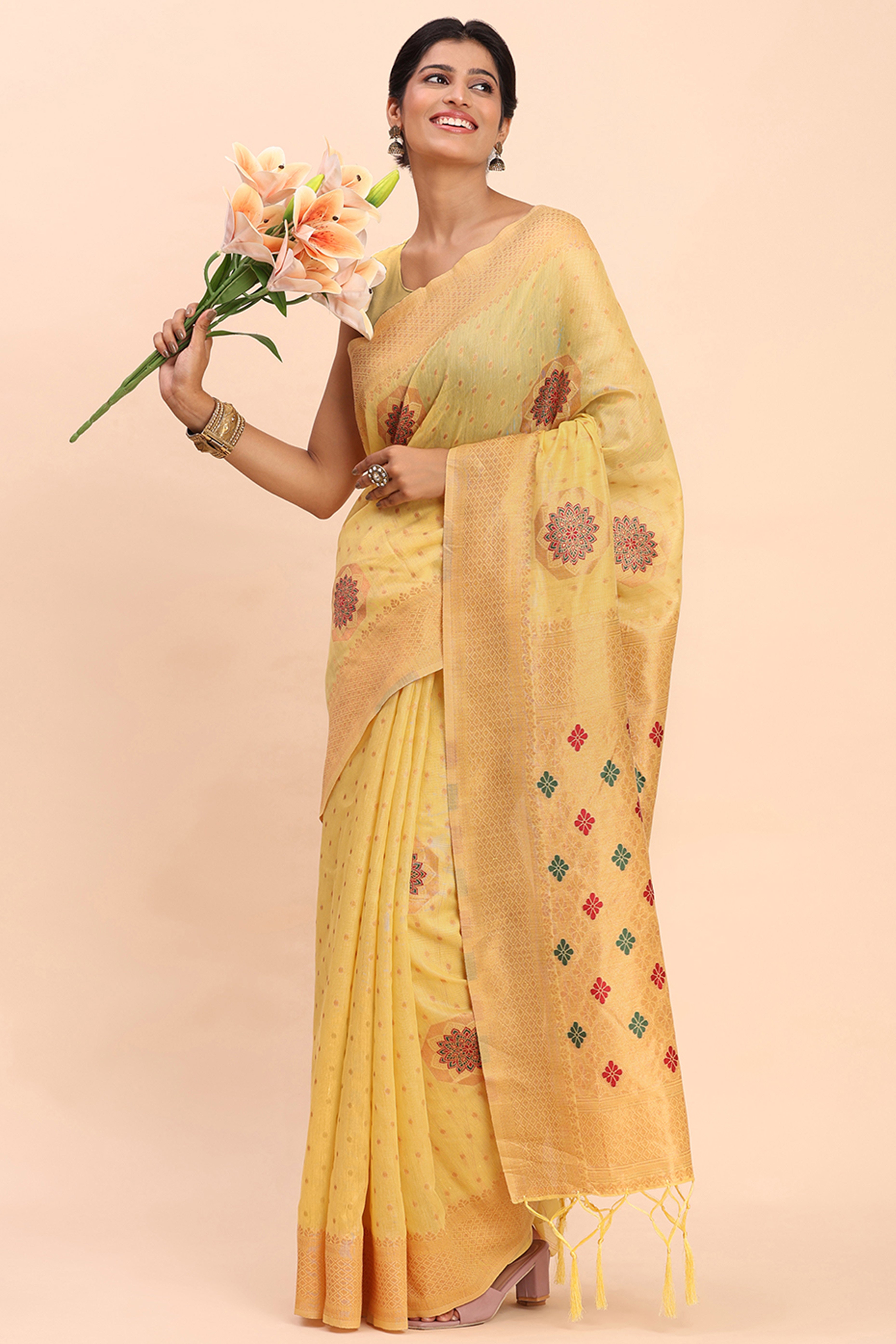 Stylish Yellow Floral Zari Weaving Linen Cotton Saree With Graceful Tassel Pallu