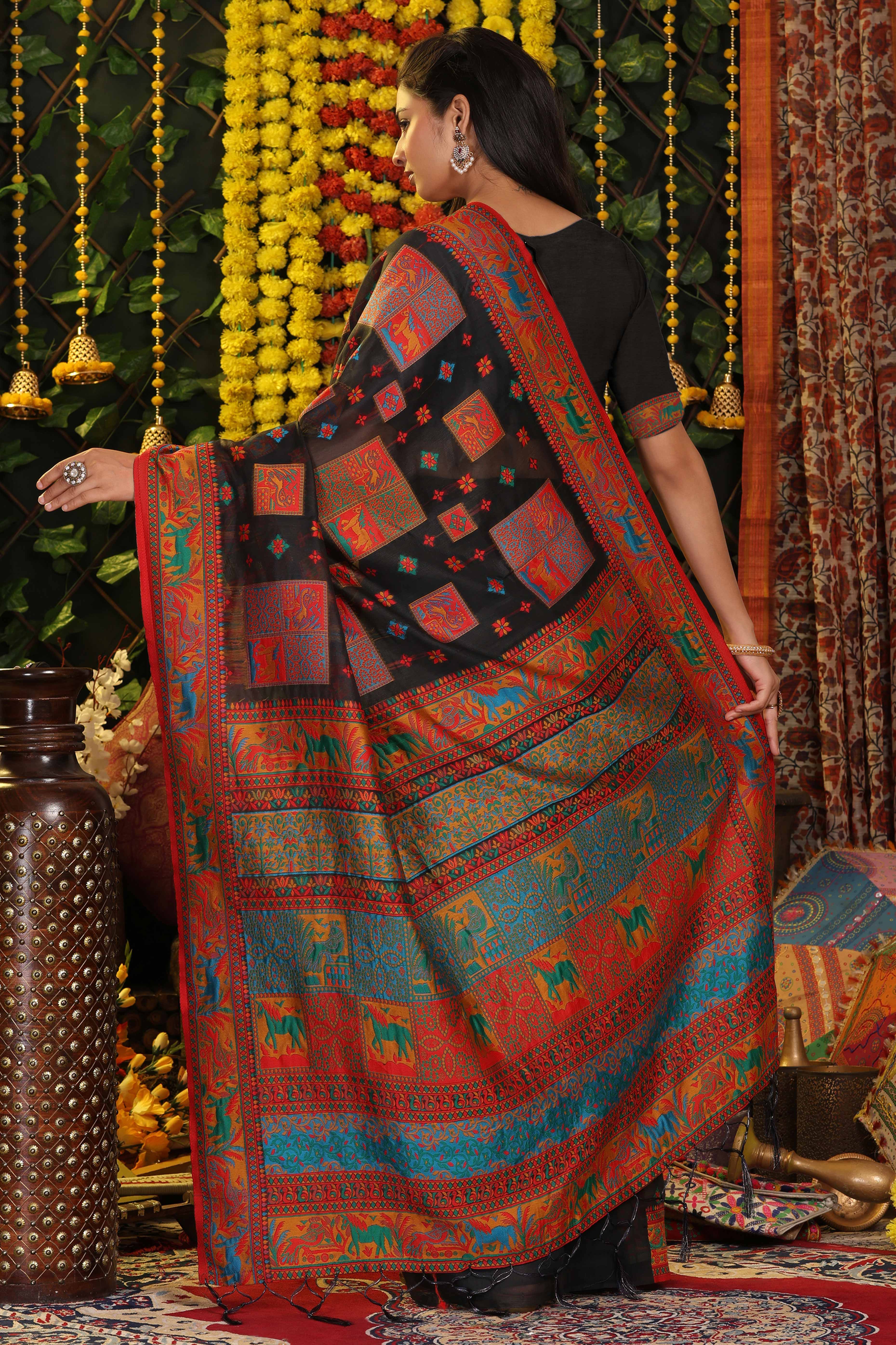 Black Linen Cotton Saree Adorned With Floral Zari Weaving & Tassel Pallu