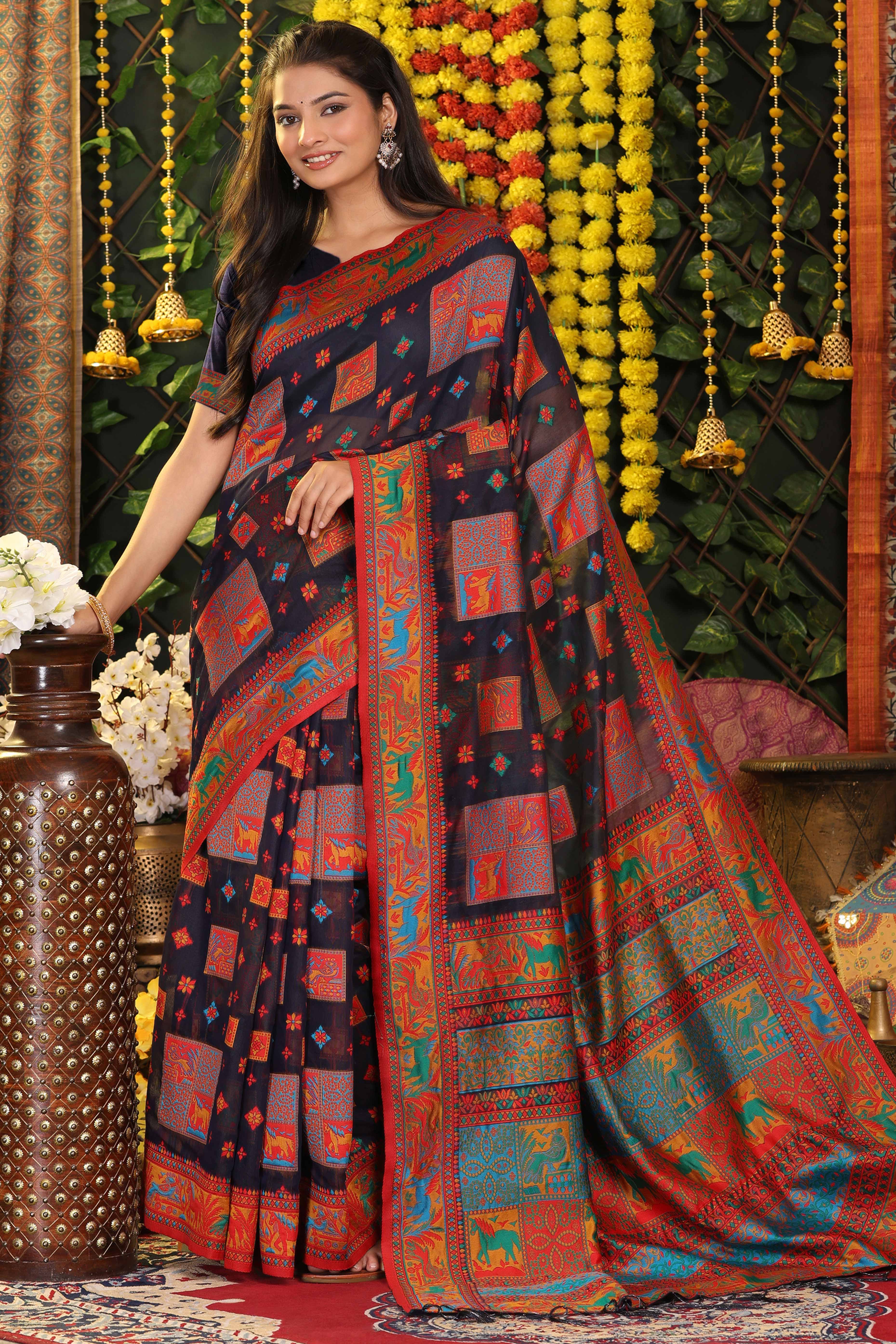 Dark Navy Blue Linen Cotton Saree Adorned With Floral Zari Weaving & Tassel Pallu