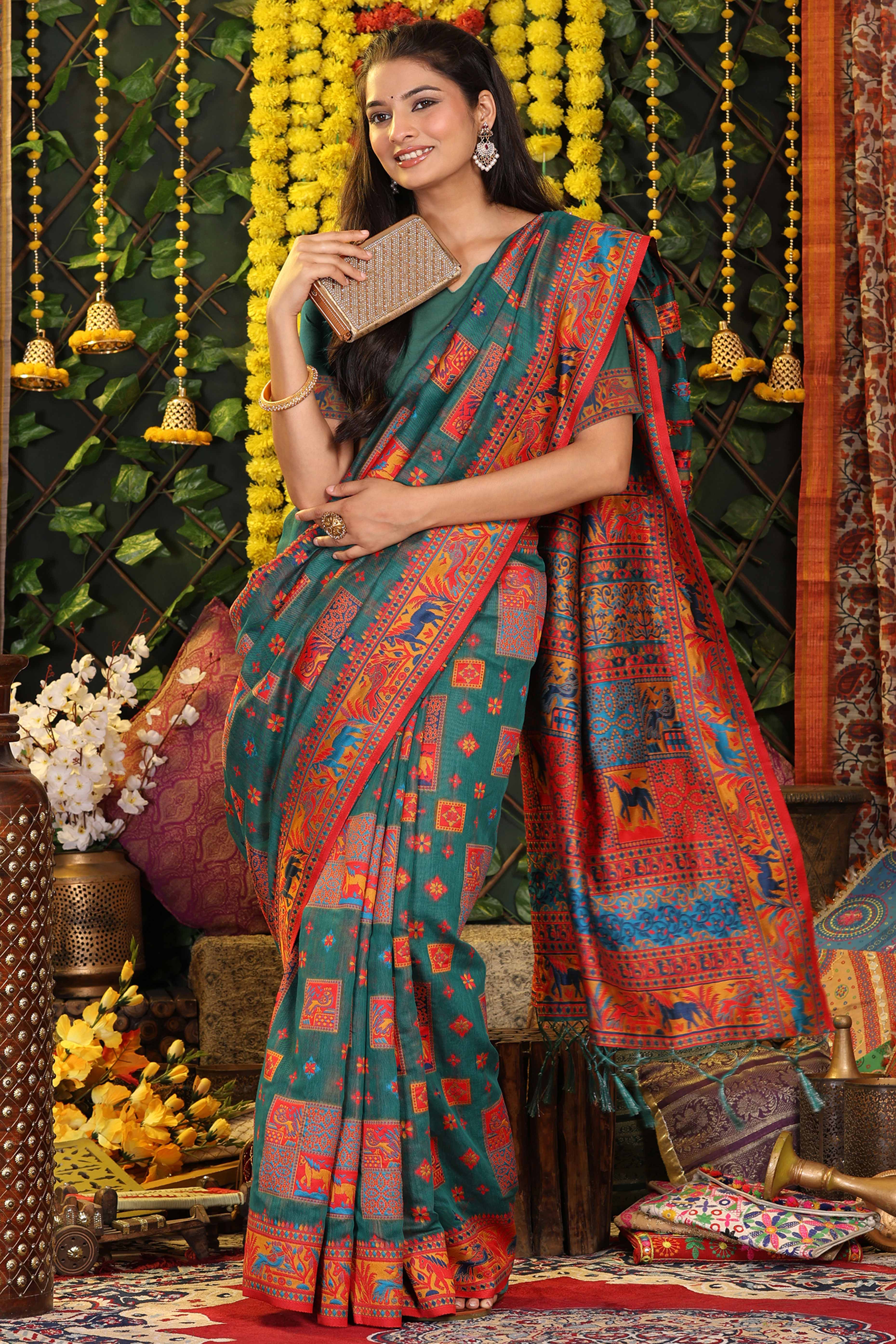 Teal Green Linen Cotton Saree Adorned With Floral Zari Weaving & Tassel Pallu