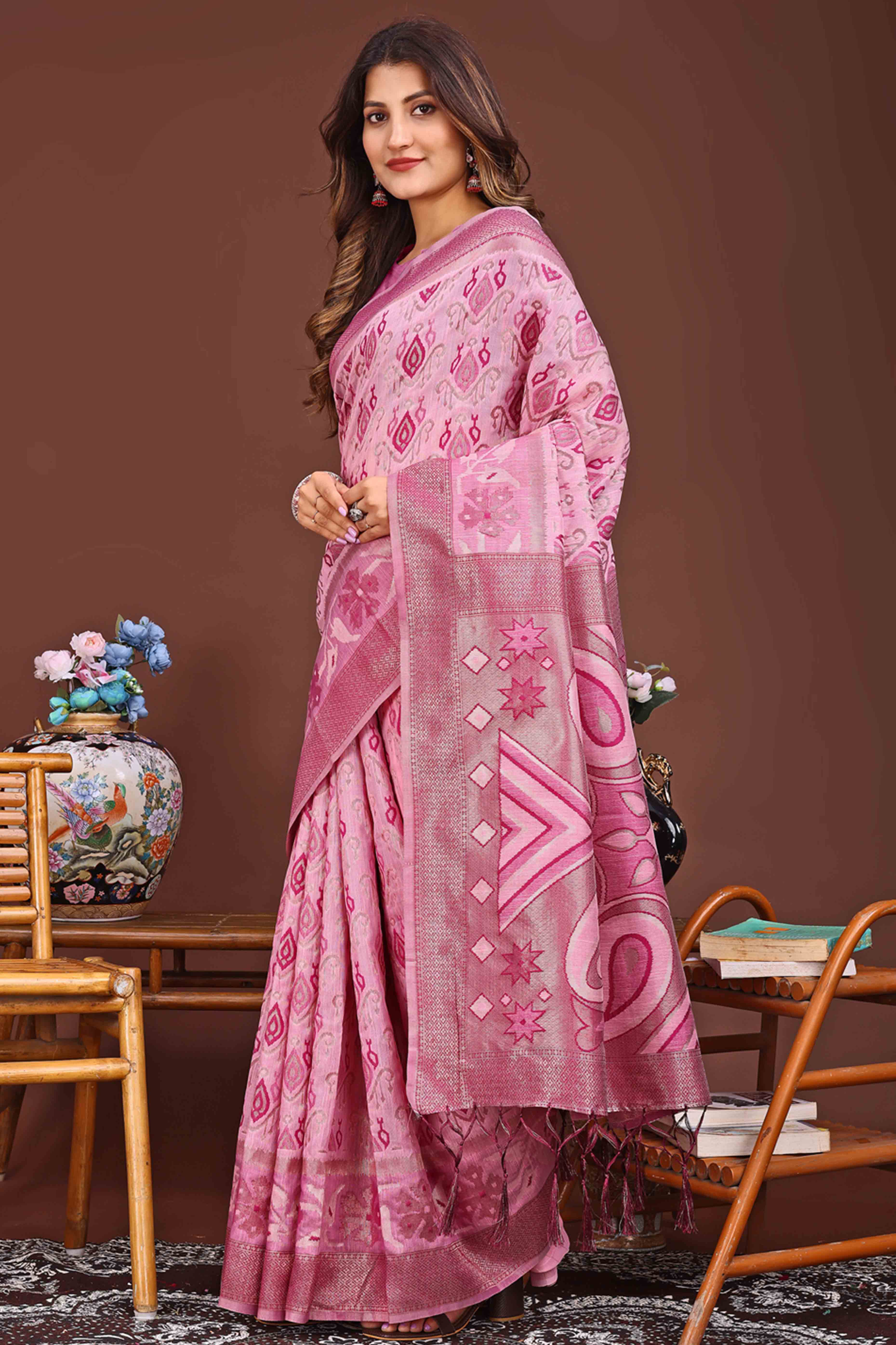 Elegant Zari Woven Pink Linen Cotton Saree With Graceful Tassel Pallu