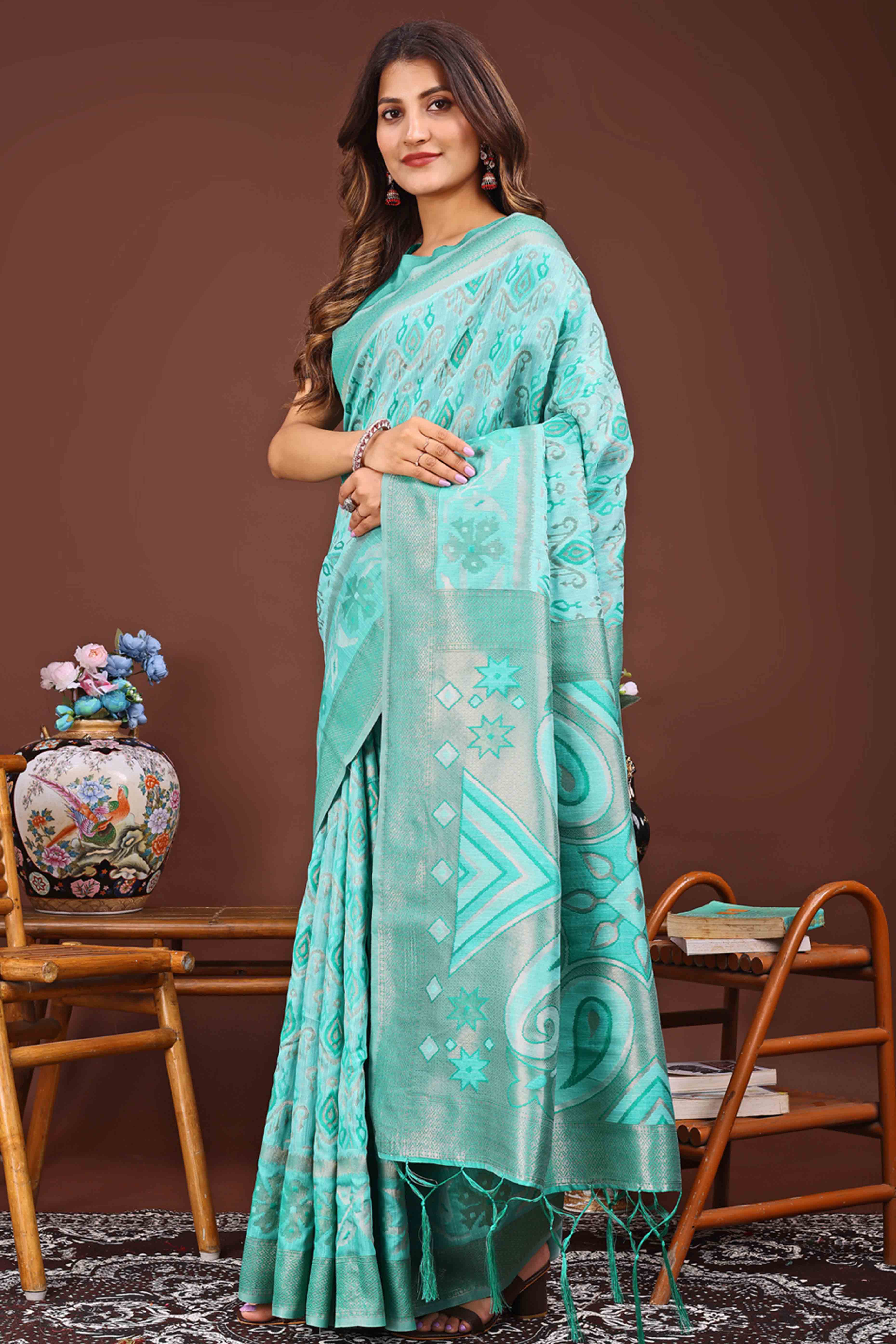 Refreshing Zari Woven Turquoise Linen Cotton Saree With Graceful Tassel Pallu