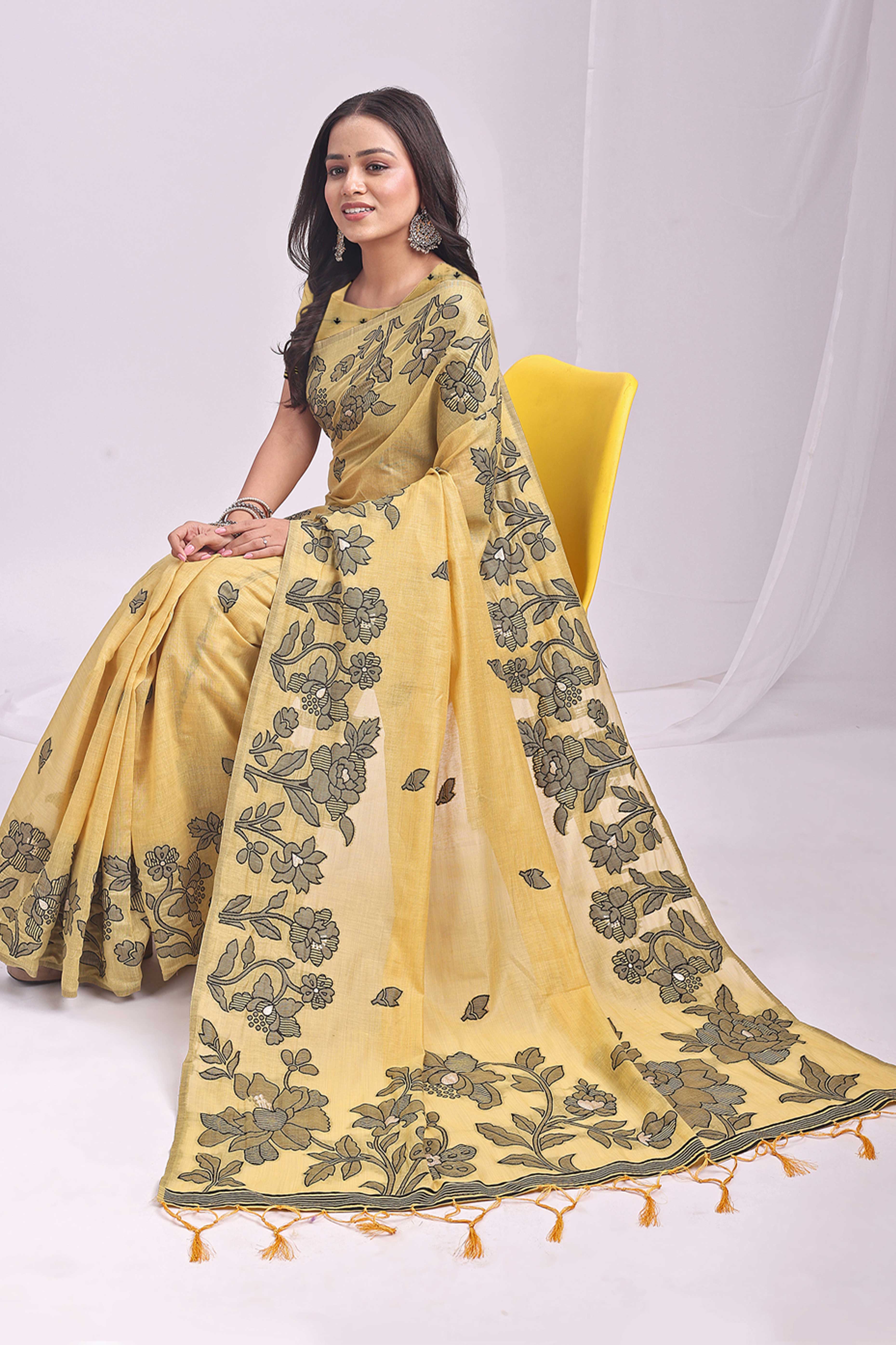 Yellow Ethnic Saree in a Linen Cotton Blend Adorned with Floral Weave Designs