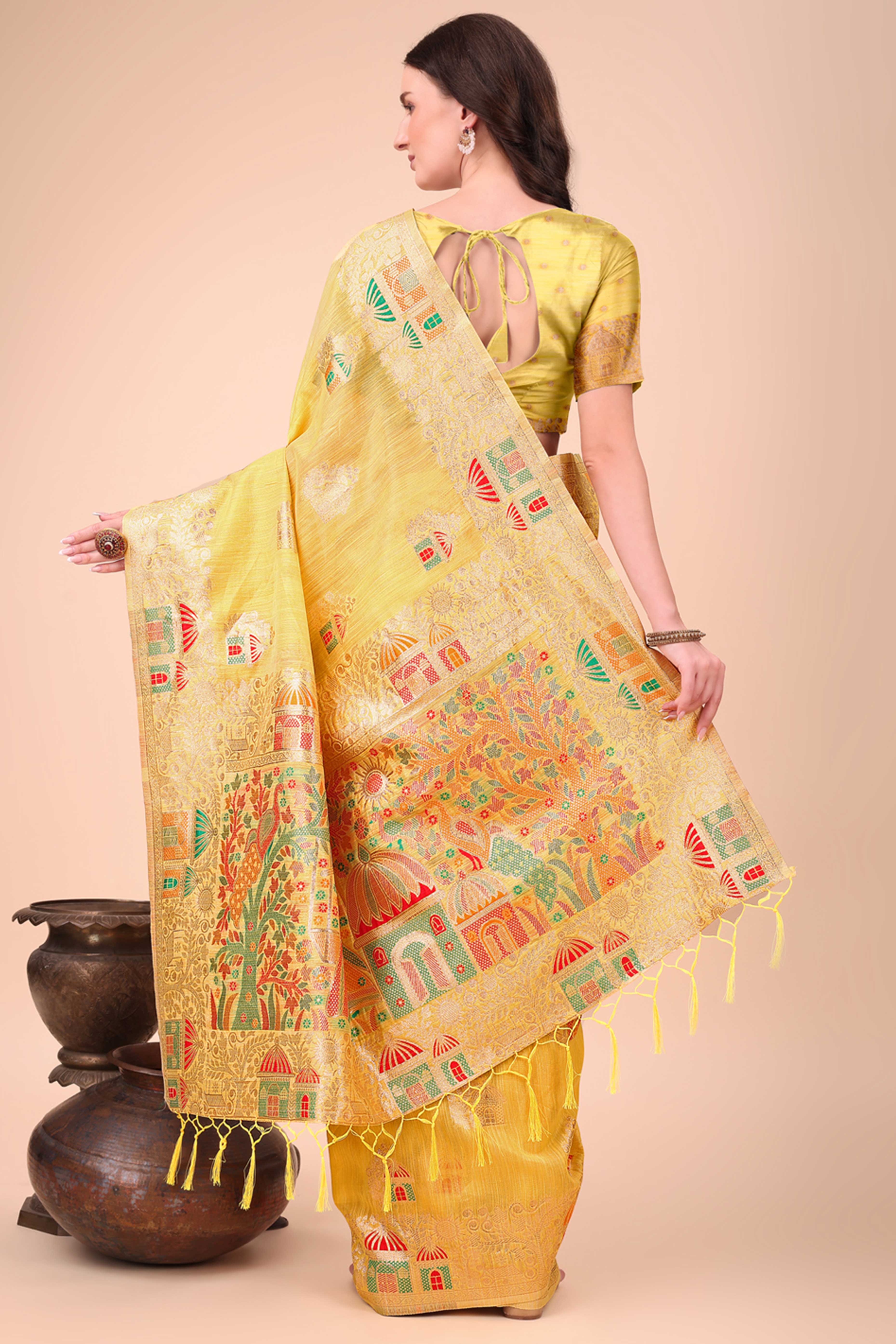 Yellow Zari Woven Linen Cotton Saree With Graceful Tassels