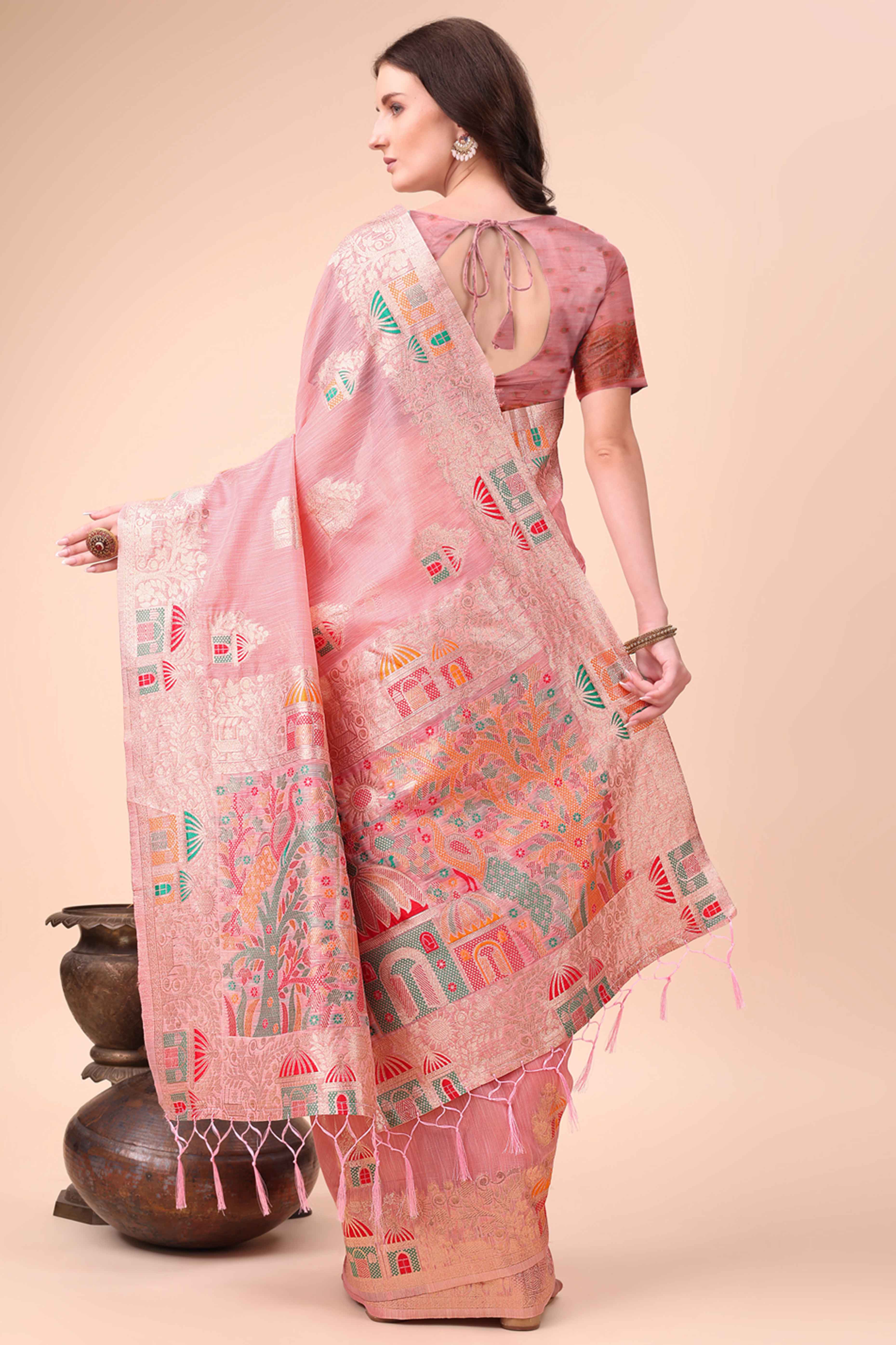 Pink Zari Woven Linen Cotton Saree With Graceful Tassels