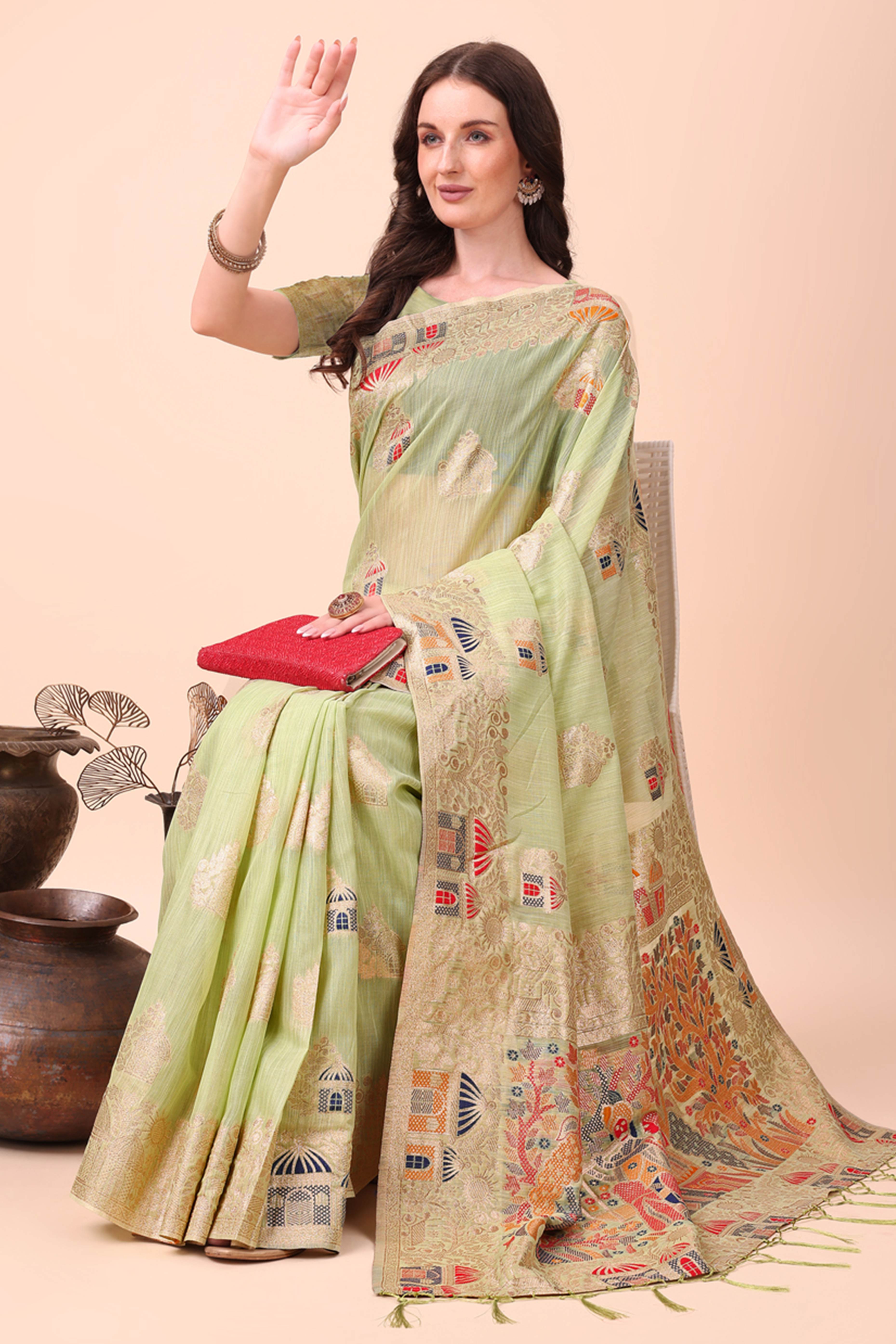 Light Green Zari Woven Linen Cotton Saree With Graceful Tassels