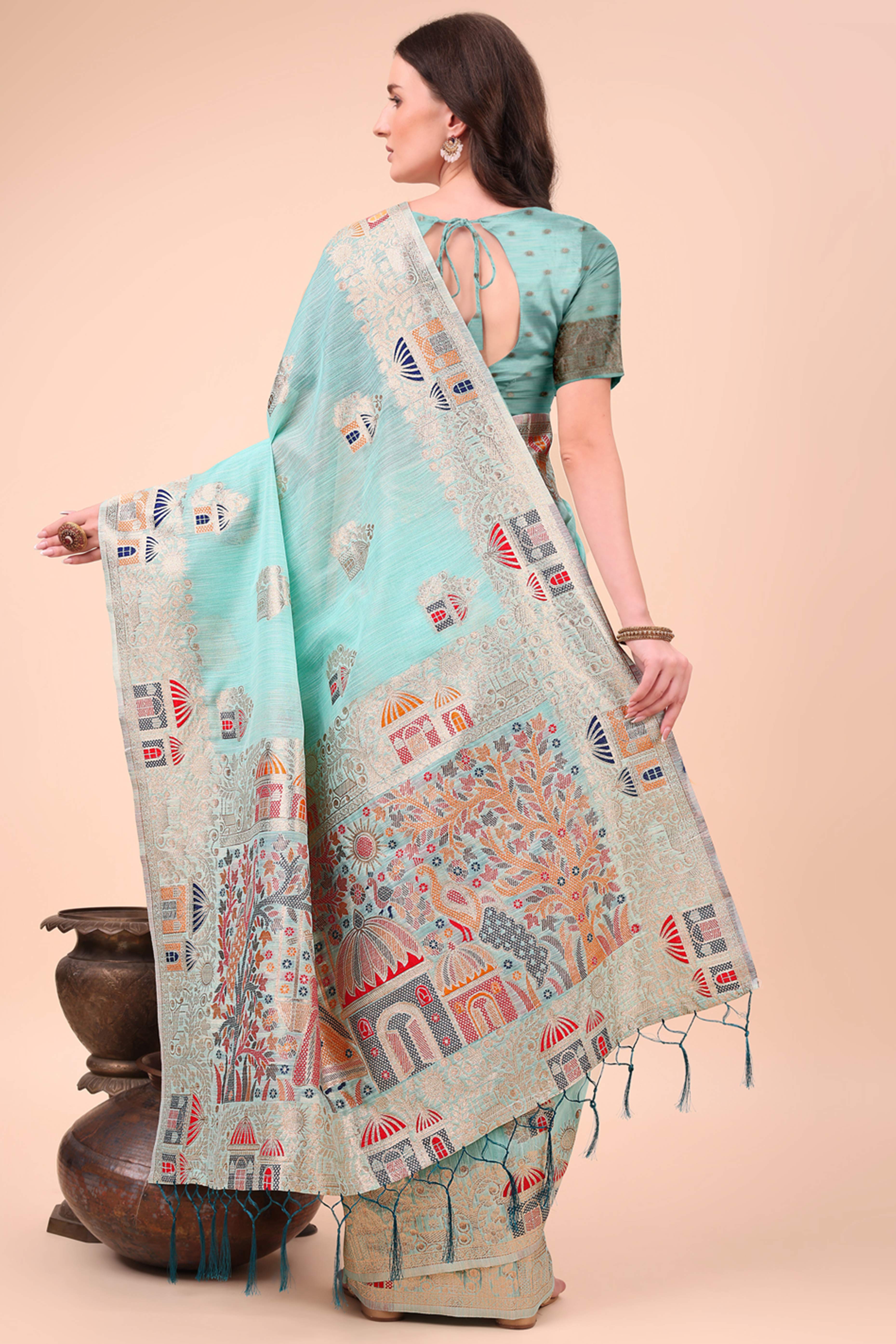 Turquoise Zari Woven Linen Cotton Saree With Graceful Tassels