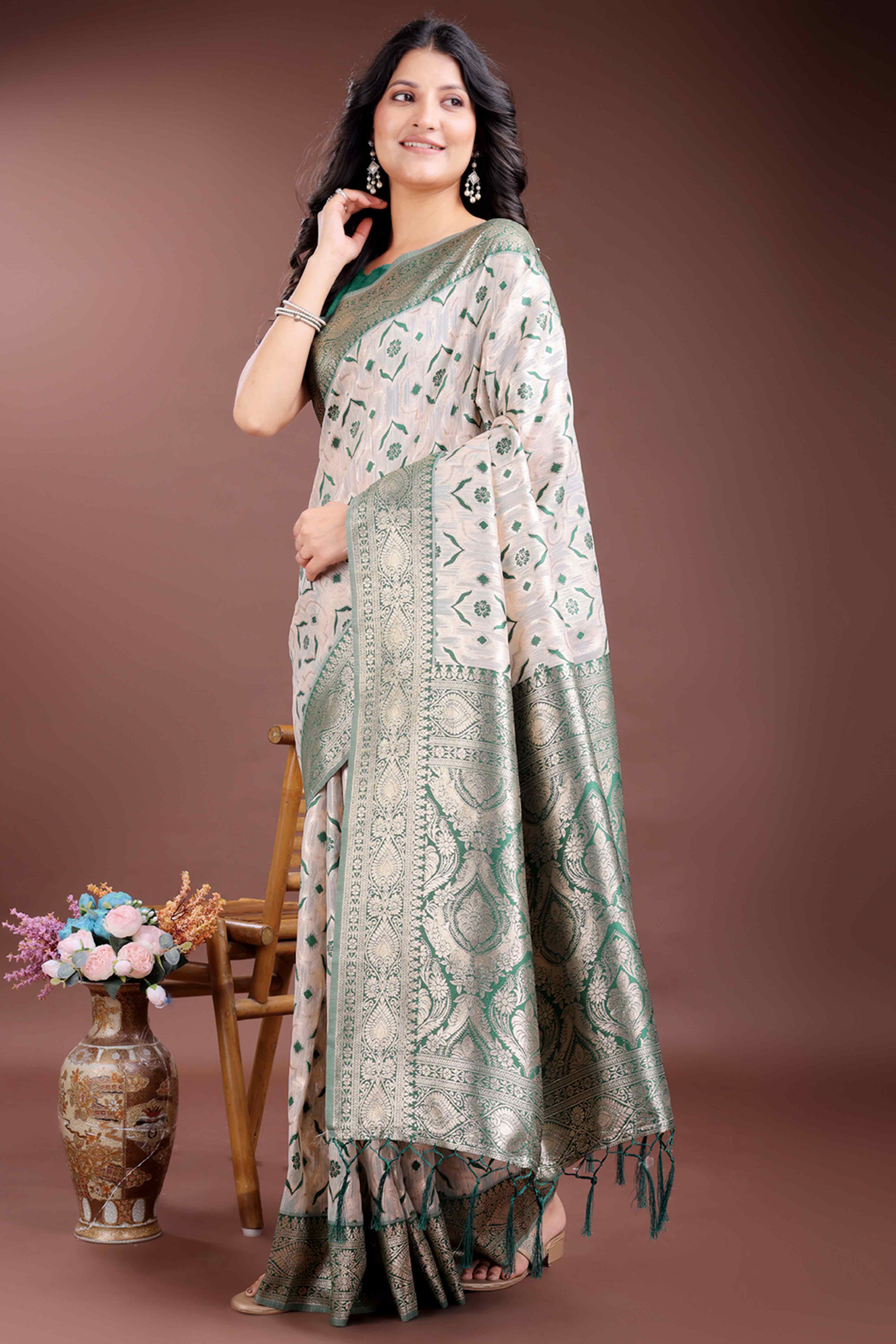 Refreshing Green Traditional Ikkat Style Zari Weaving Cotton Blend Saree with Harmonious Tassels