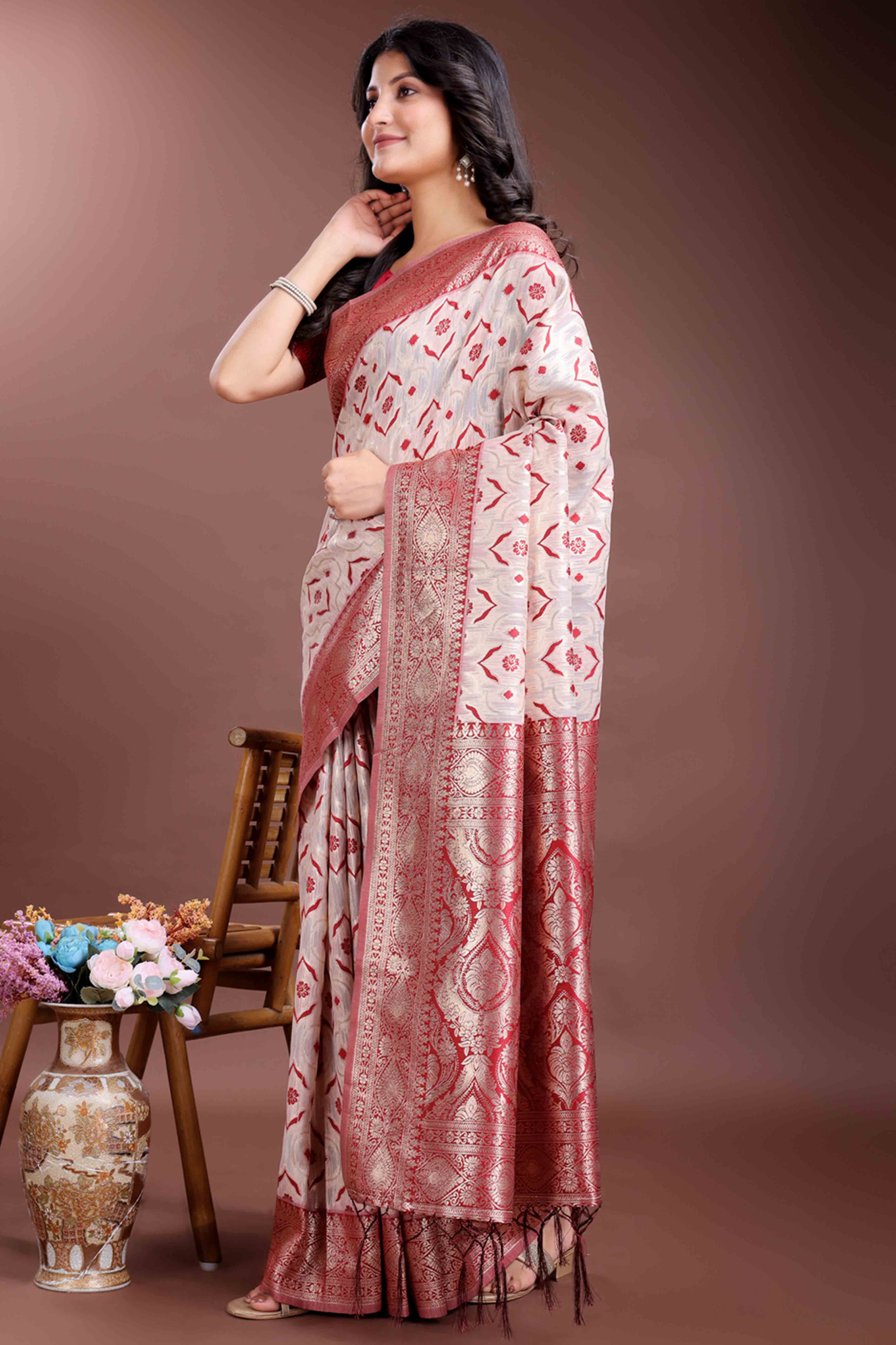 Passionate Red Traditional Ikkat Style Zari Weaving Cotton Blend Saree with Striking Tassel Ornaments