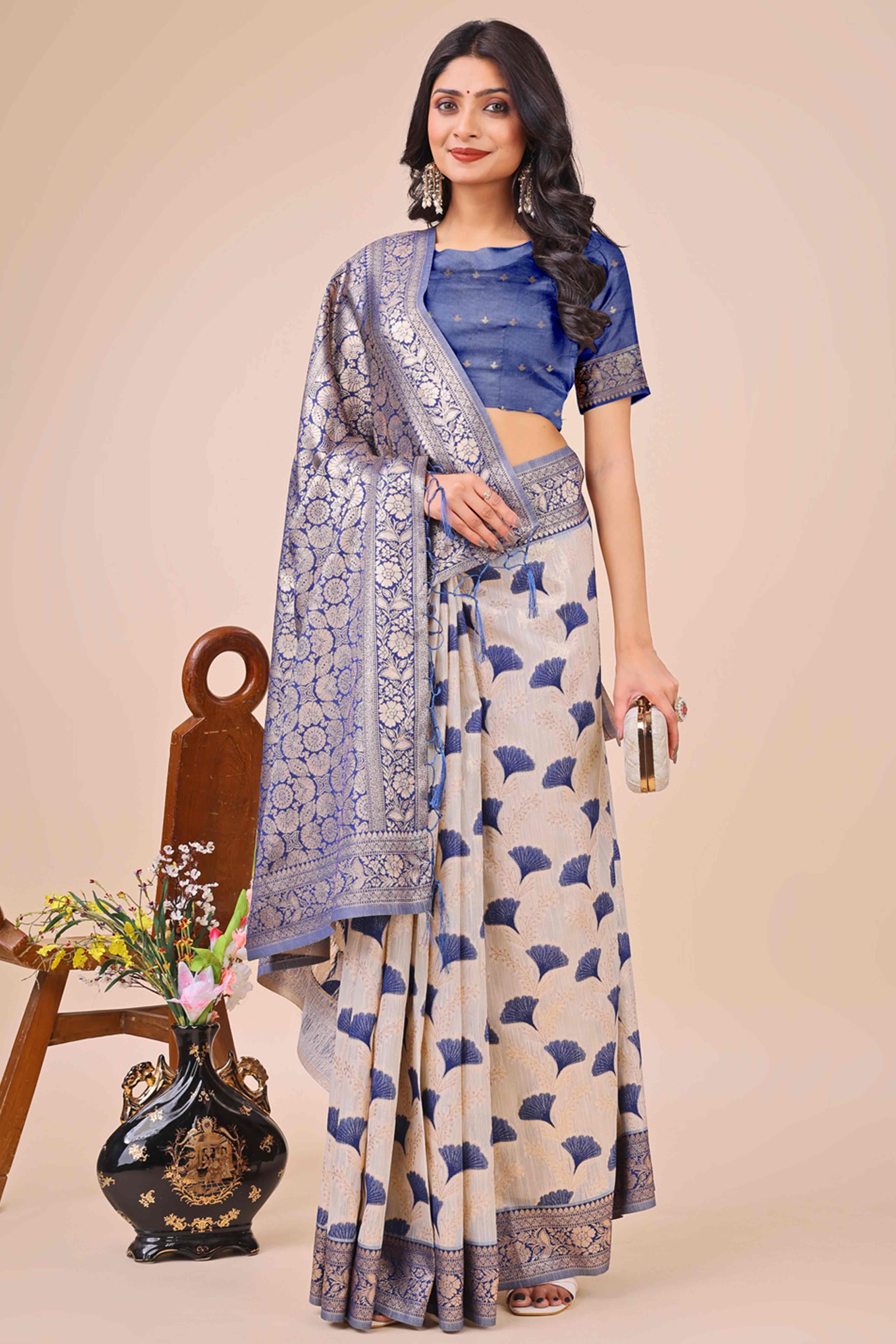 Navy Blue Saree In Linen Cotton With Beautiful Floral Woven Patterns & a Tassel