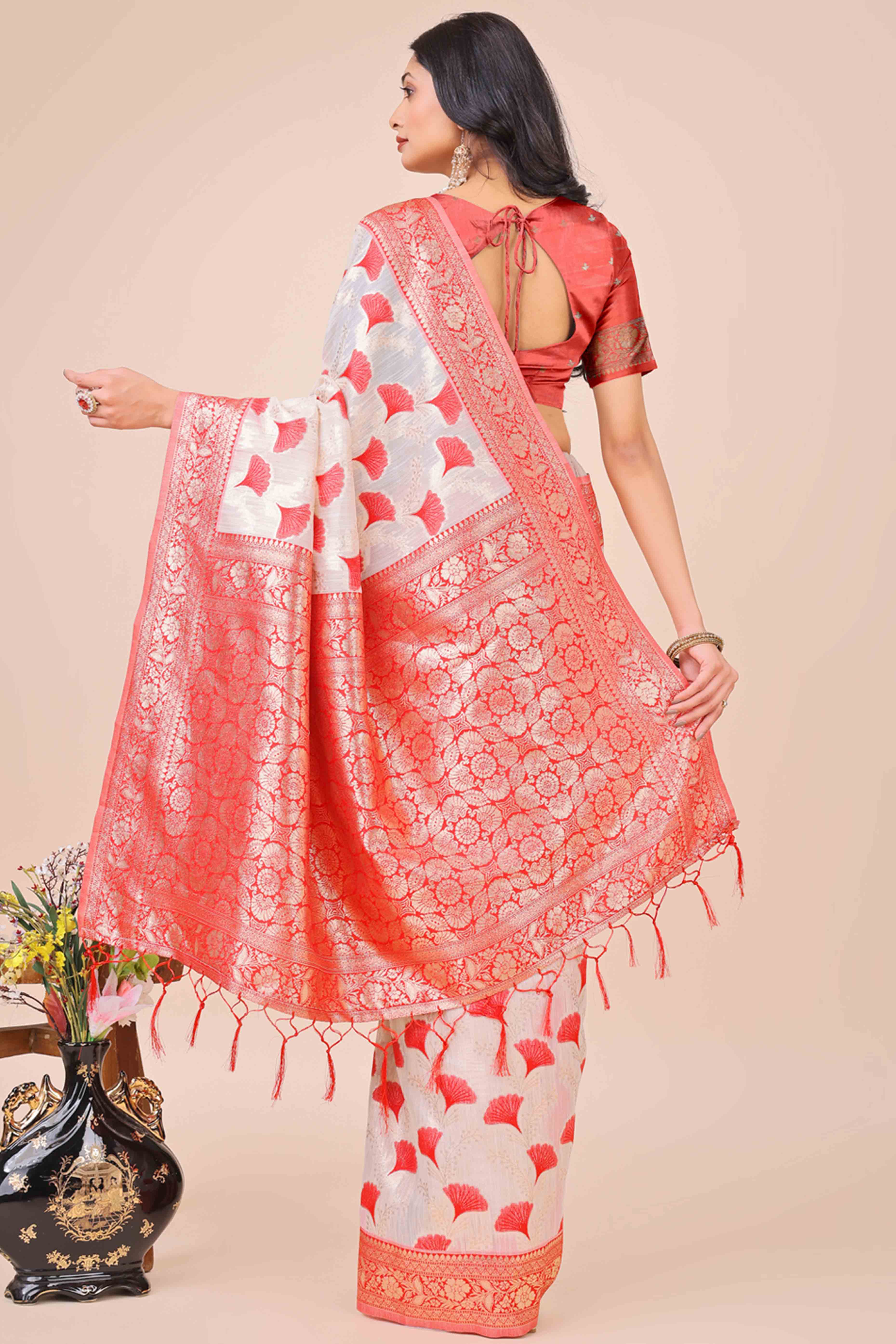 Red Saree In Linen Cotton With Beautiful Floral Woven Patterns & a Tassel