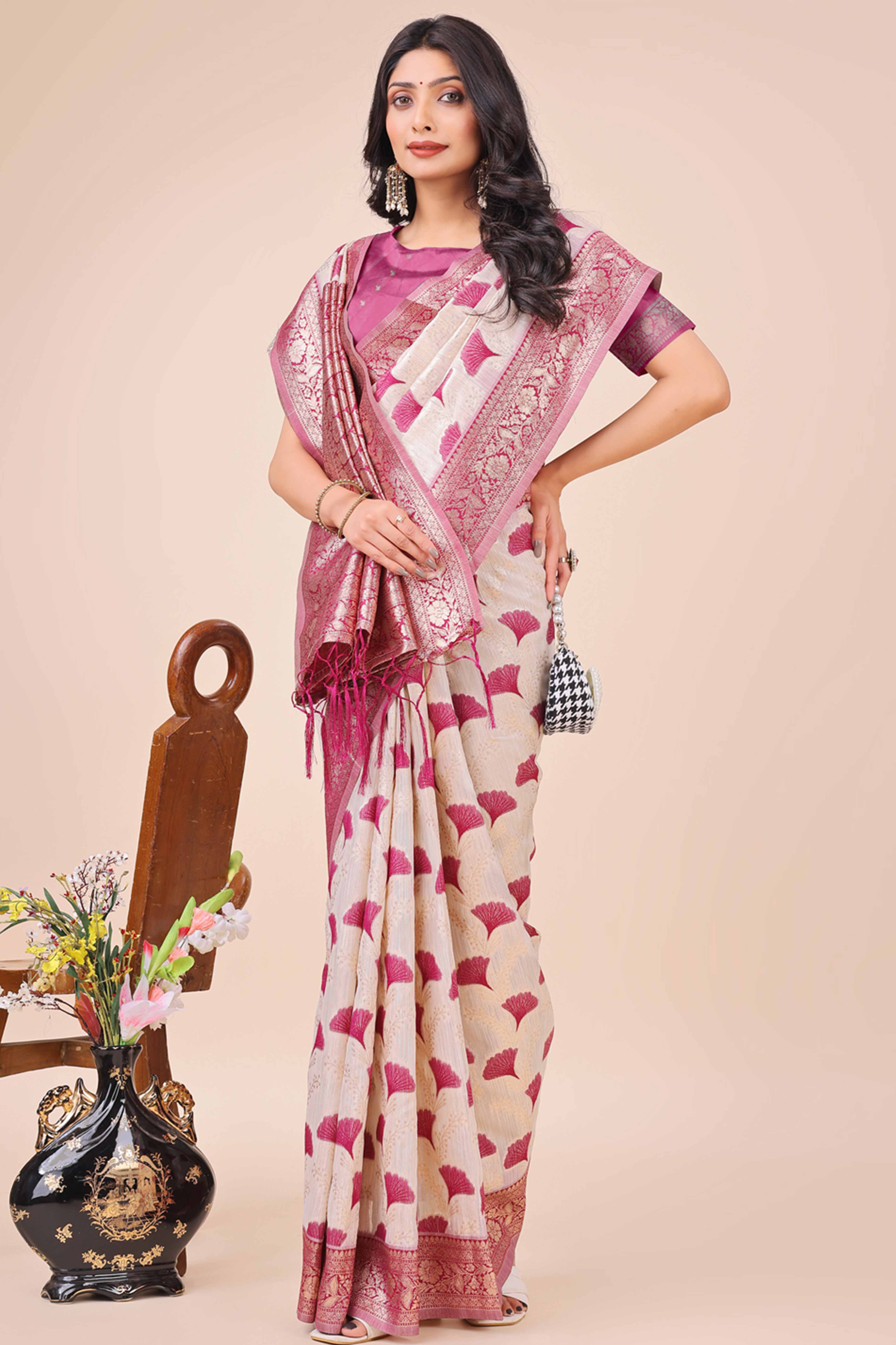 Dark Magenta Saree In Linen Cotton With Beautiful Floral Woven Patterns & a Tassel
