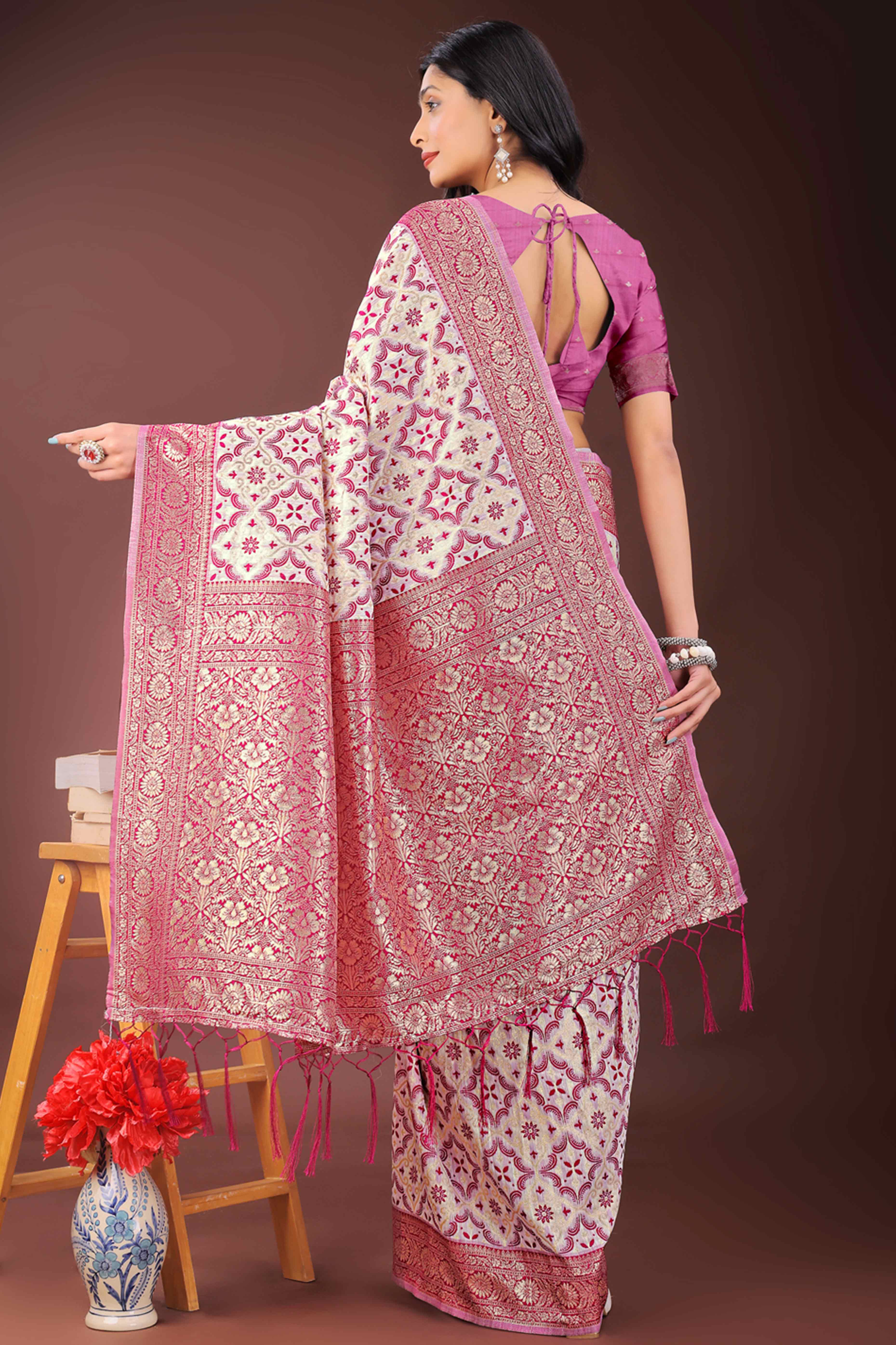 Pink Cotton Blend Saree with Woven Floral Brocade Patterns and Tasseled Borders