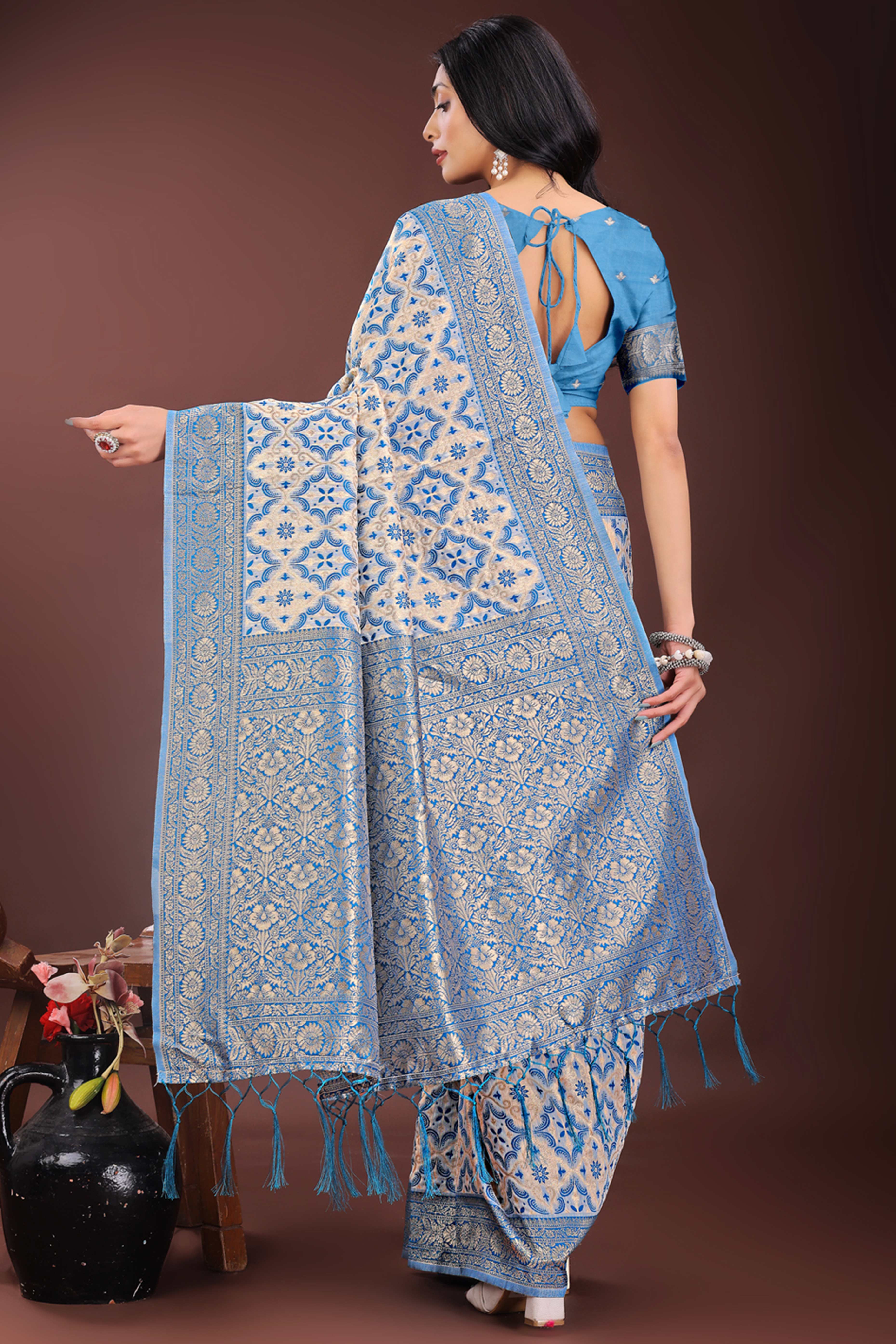 Sky Blue Cotton Blend Saree with Woven Floral Brocade Patterns and Tasseled Borders