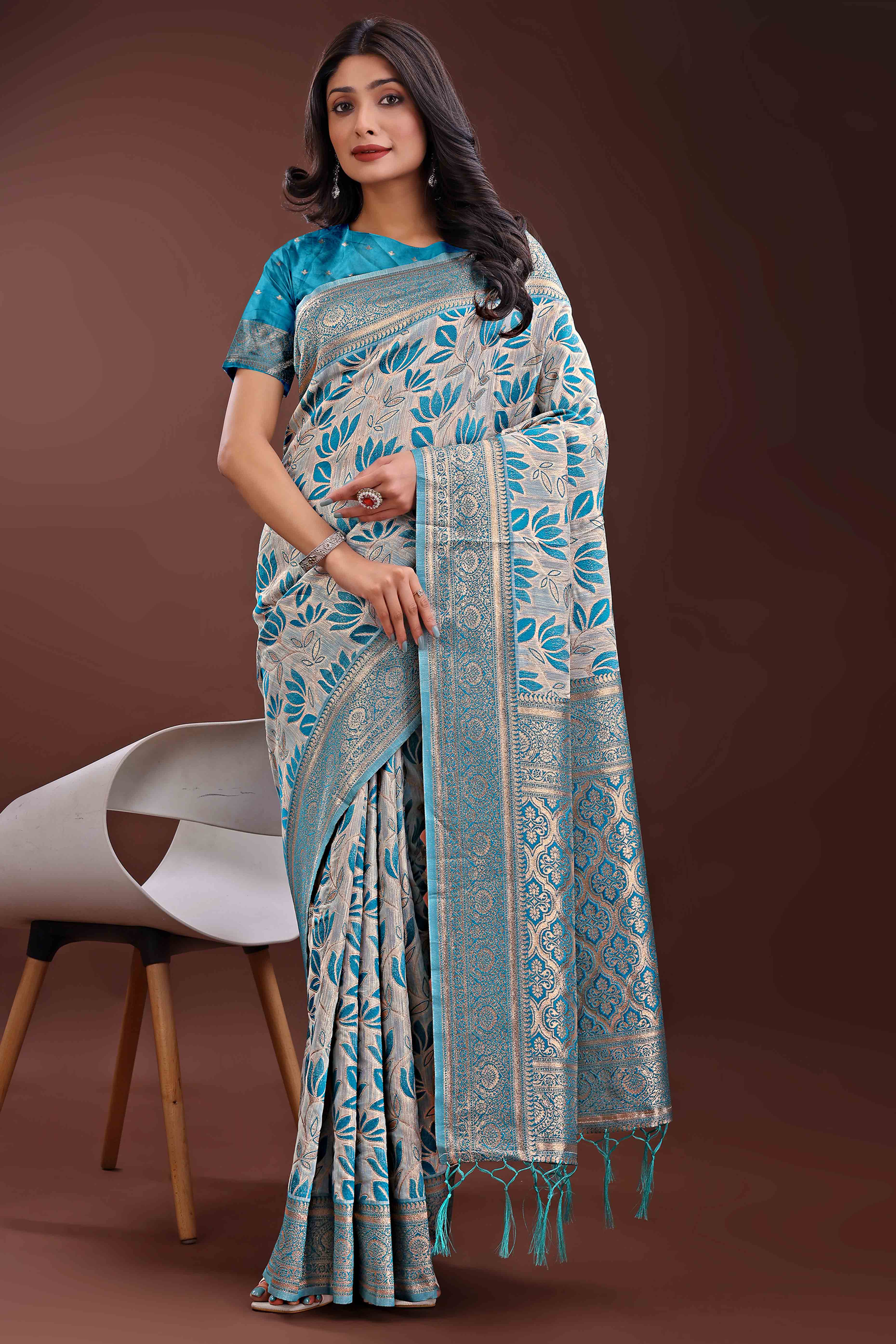 Sky Blue Linen Cotton Saree Featuring Graceful Floral Patterns in Zari Weave