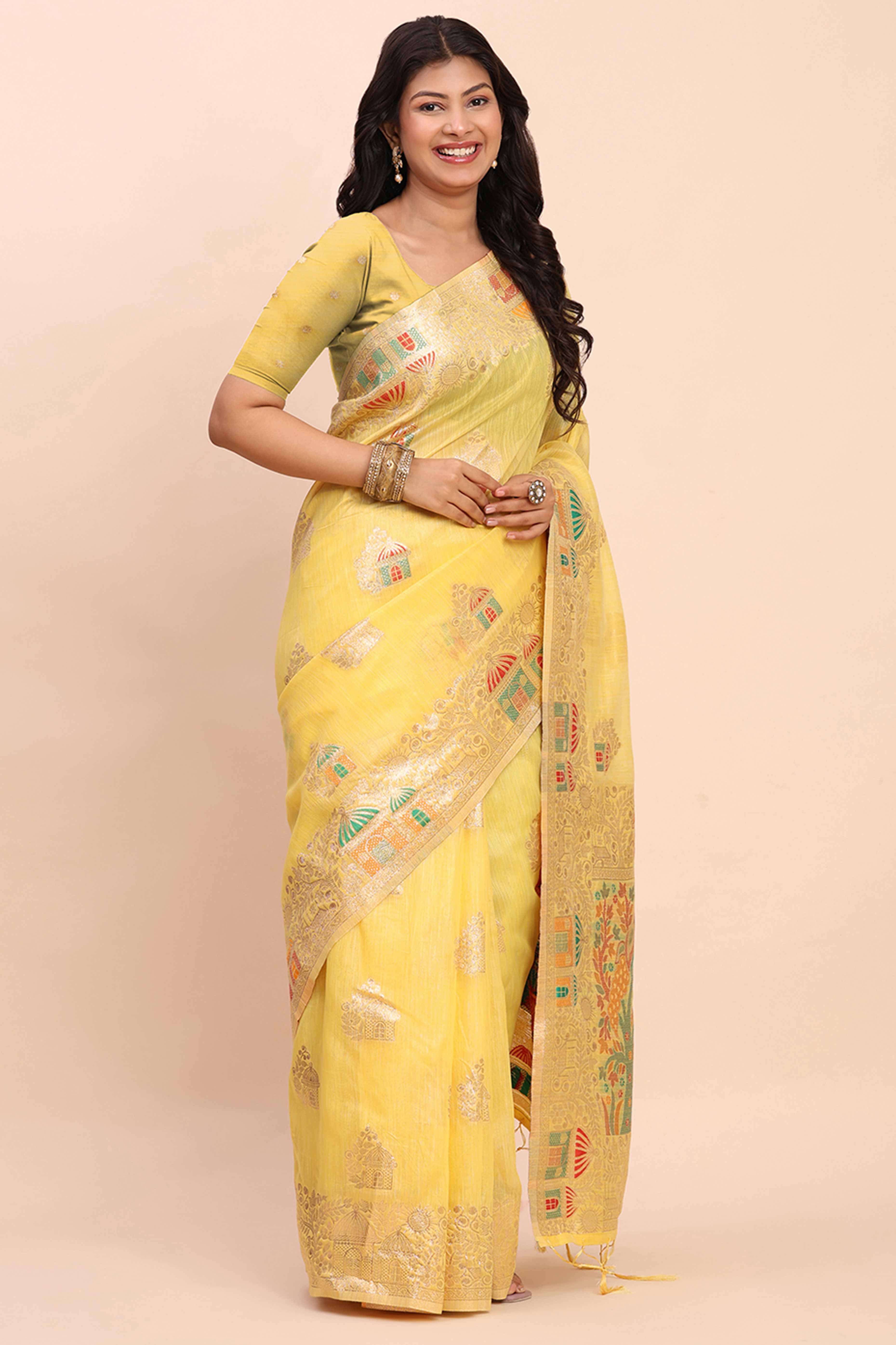 Yellow Bloom Zari Woven Linen Cotton Saree Adorned With Floral Motifs & A Tassel Finish