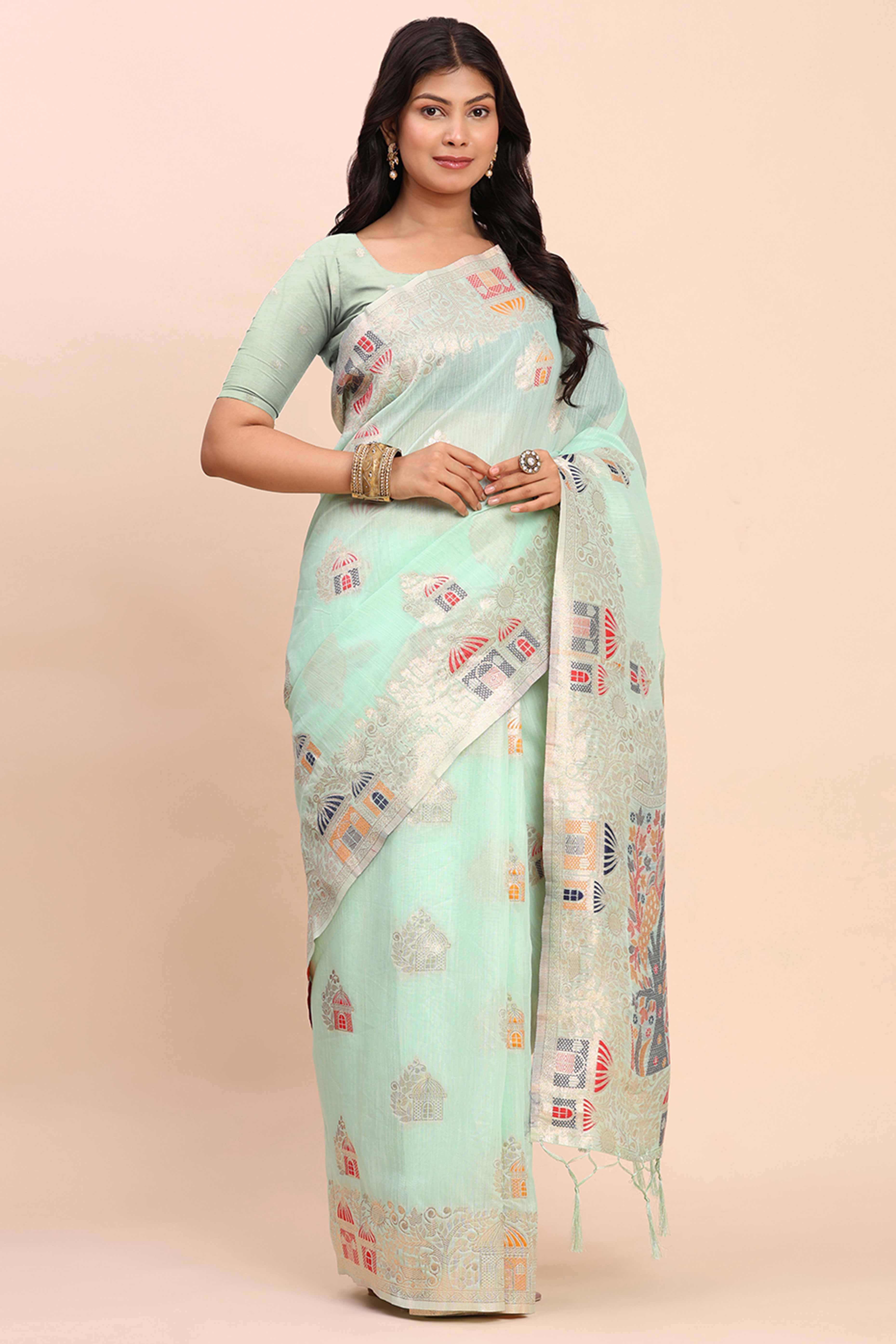 Sea Green Bloom Zari Woven Linen Cotton Saree Adorned With Floral Motifs & A Tassel Finish