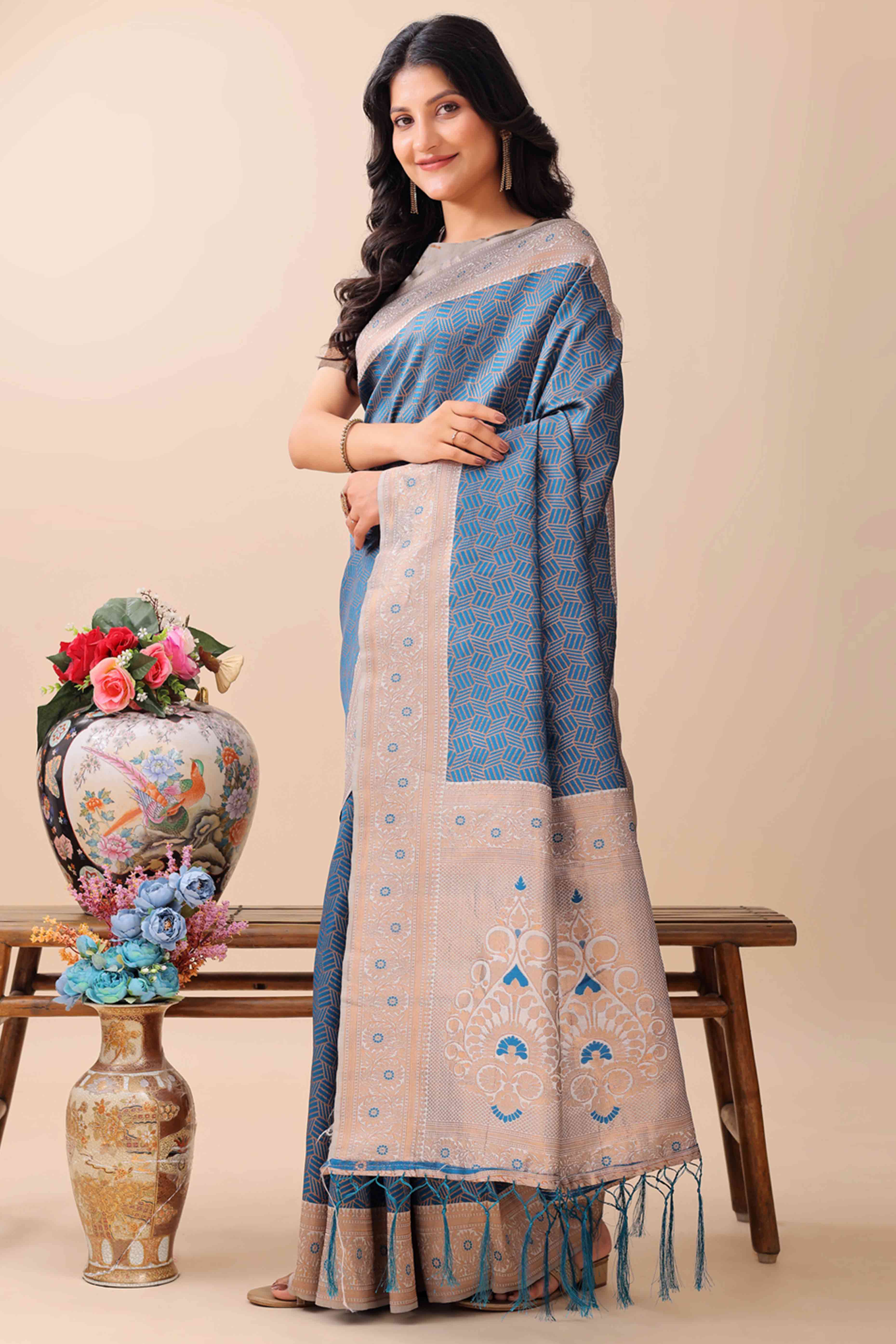 Blue Lichi Cotton Silk Saree With Intricate Zari Weaving In Floral & Geometric Patterns