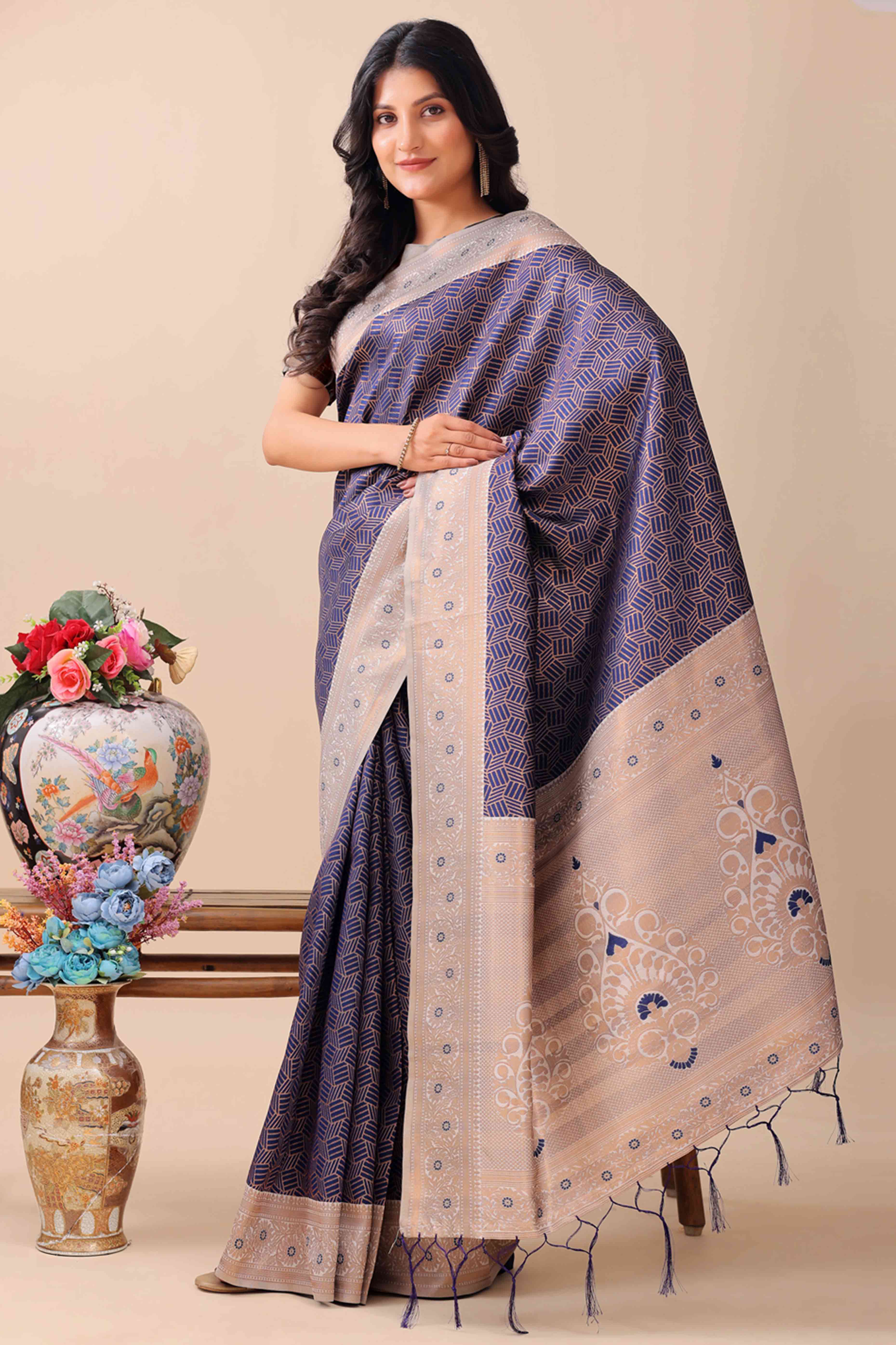 Navy Blue Lichi Cotton Silk Saree With Intricate Zari Weaving In Floral & Geometric Patterns