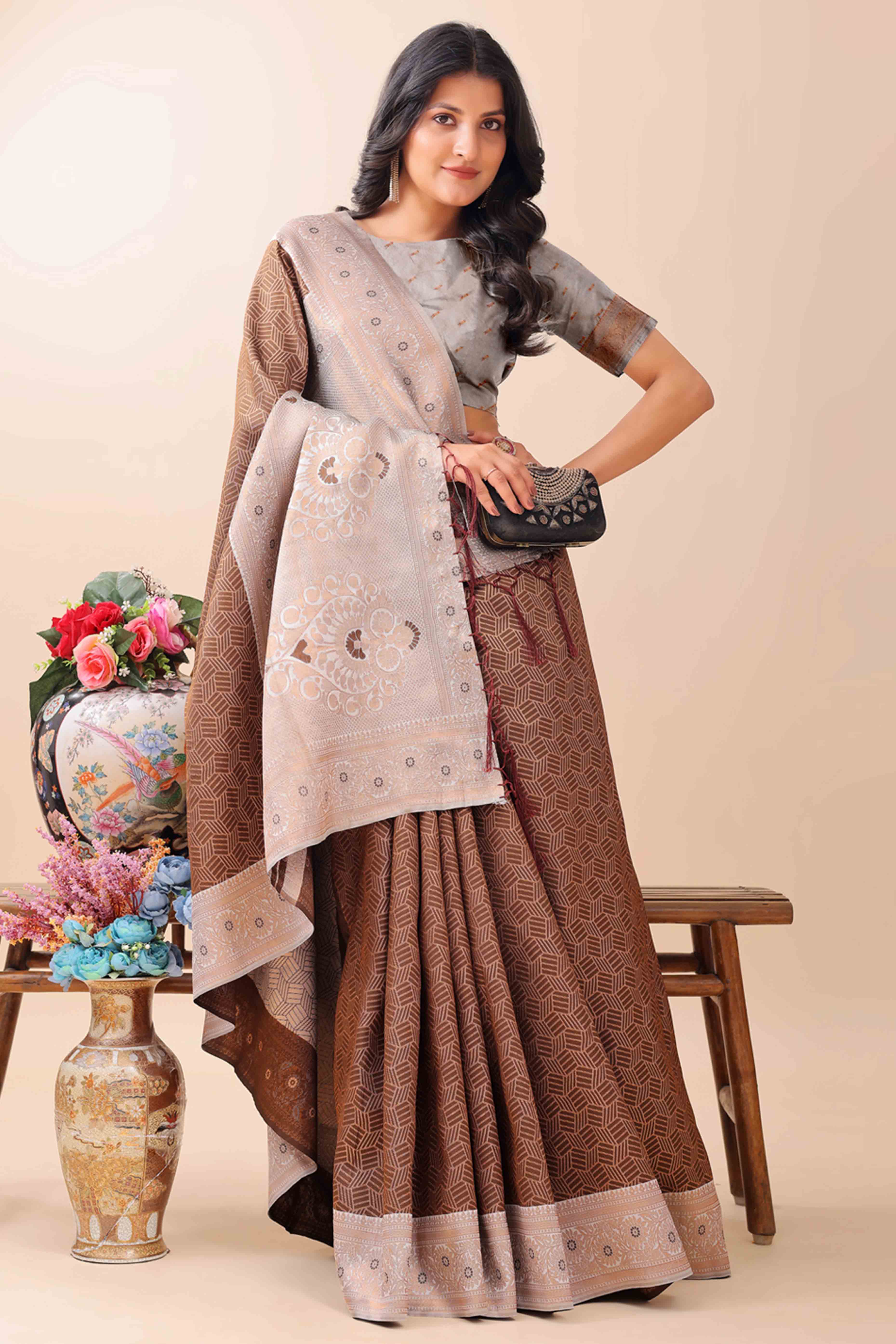 Brown Lichi Cotton Silk Saree With Intricate Zari Weaving In Floral & Geometric Patterns