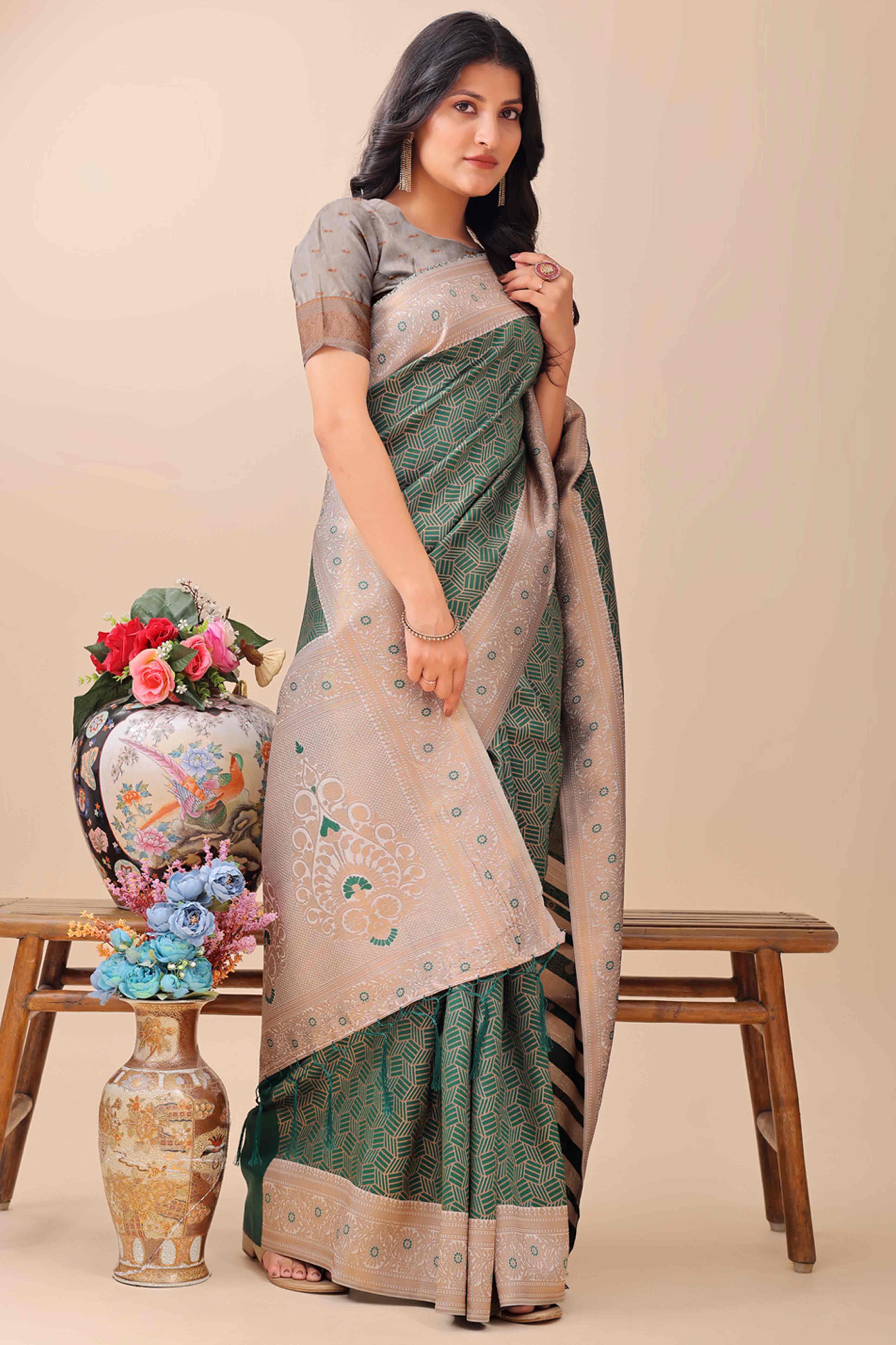 Green Lichi Cotton Silk Saree With Intricate Zari Weaving In Floral & Geometric Patterns