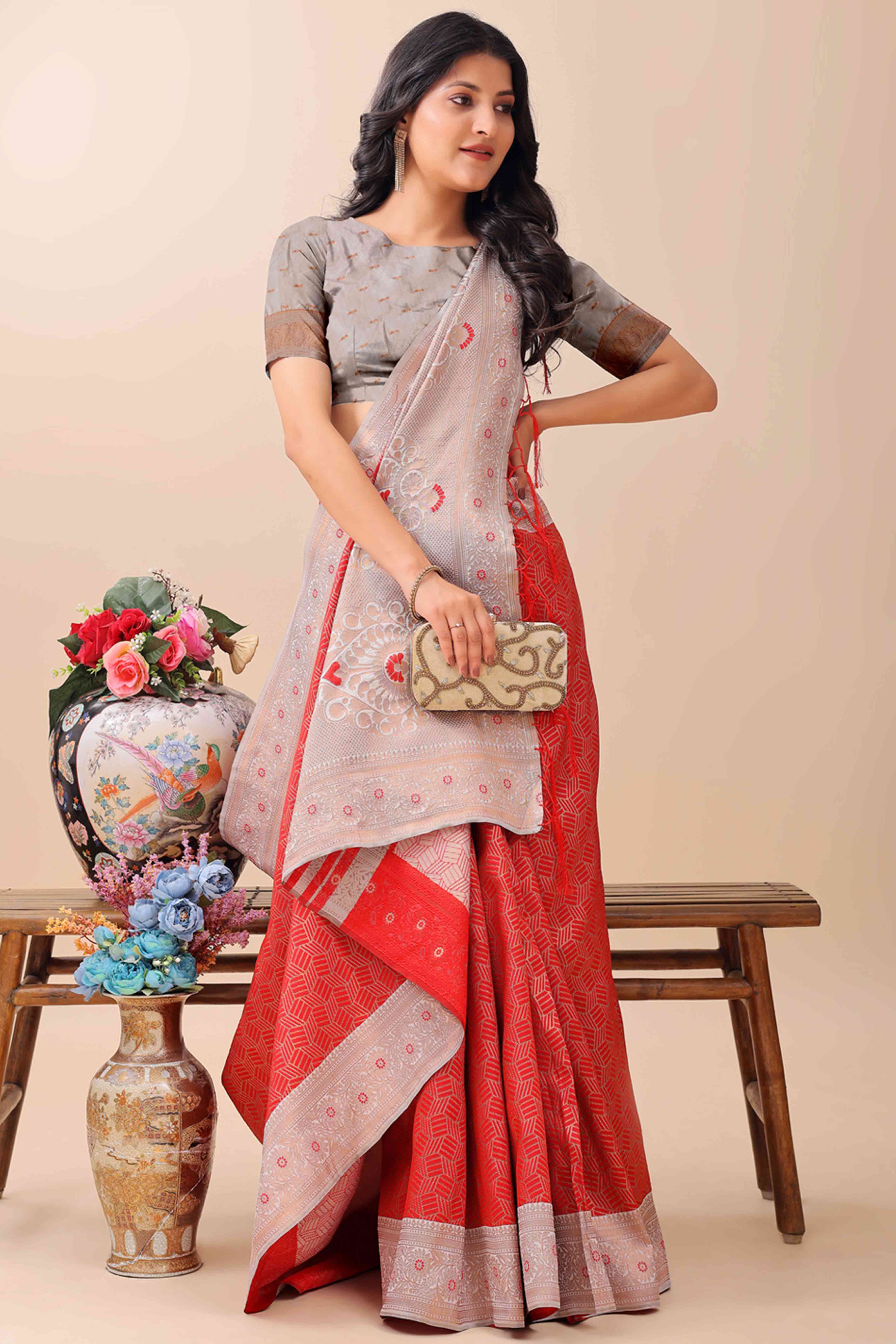 Red Lichi Cotton Silk Saree With Intricate Zari Weaving In Floral & Geometric Patterns