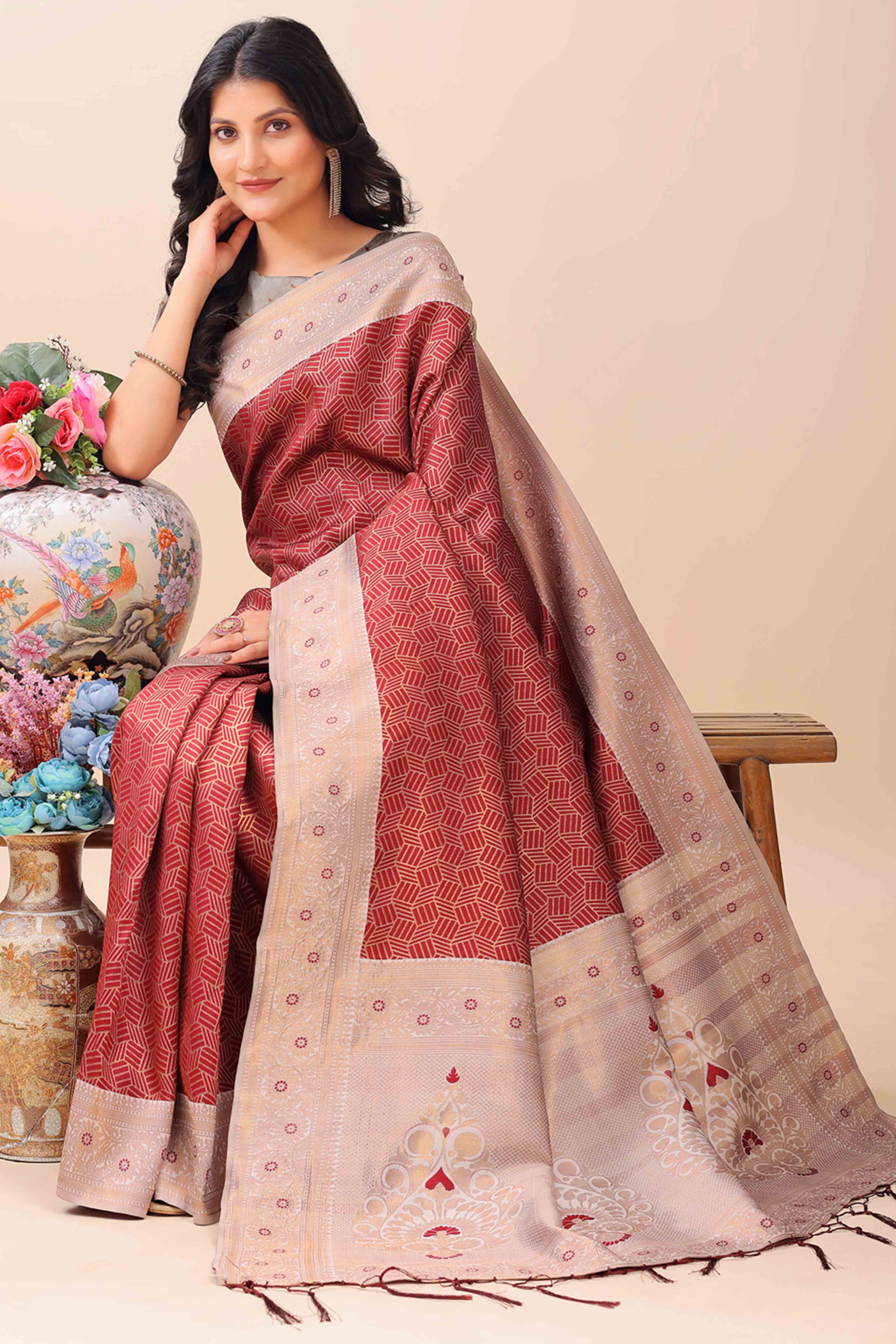 Maroon Lichi Cotton Silk Saree With Intricate Zari Weaving In Floral & Geometric Patterns