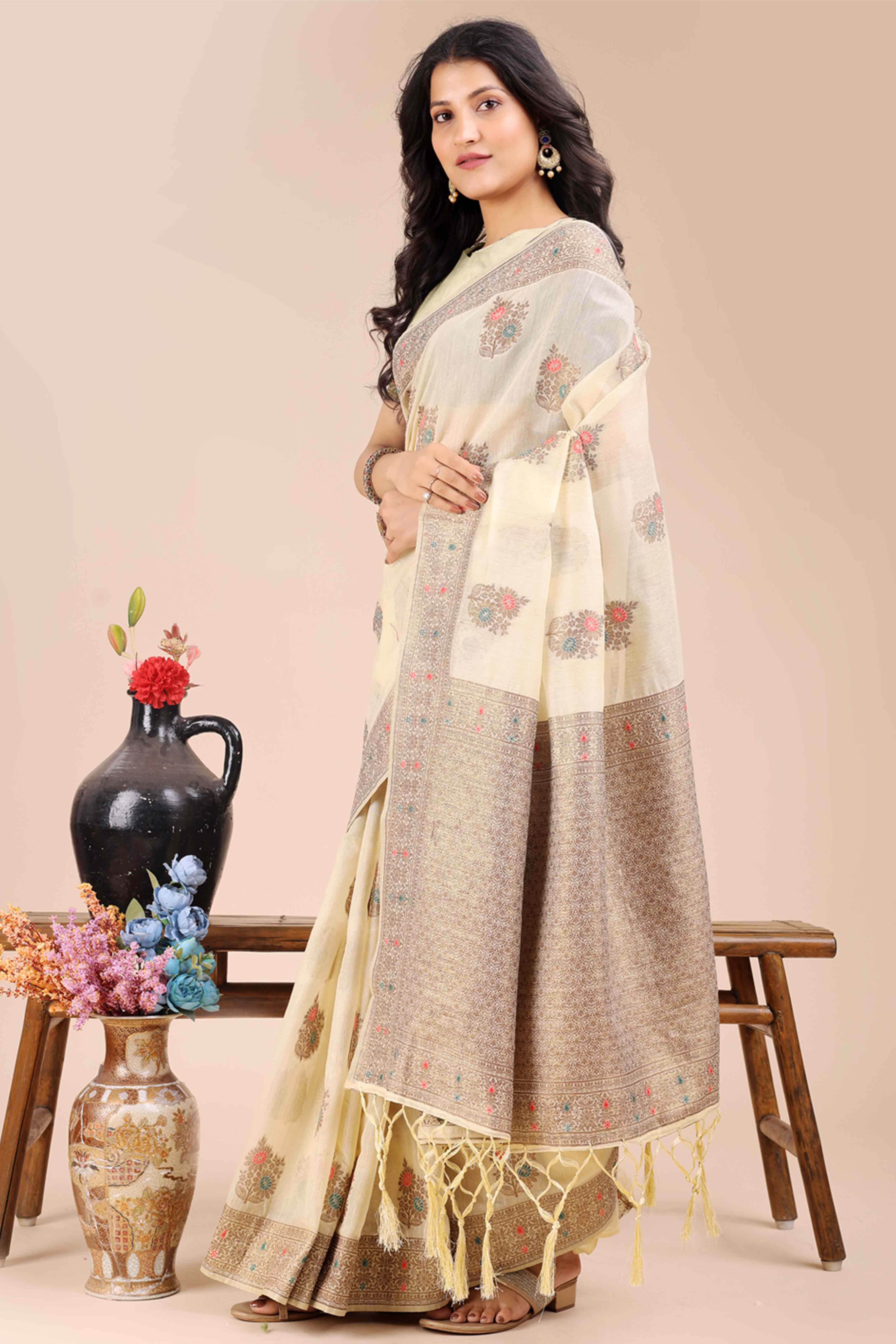 Cream Saree in Cotton Silk with Heritage Inspired Zari Woven Accents