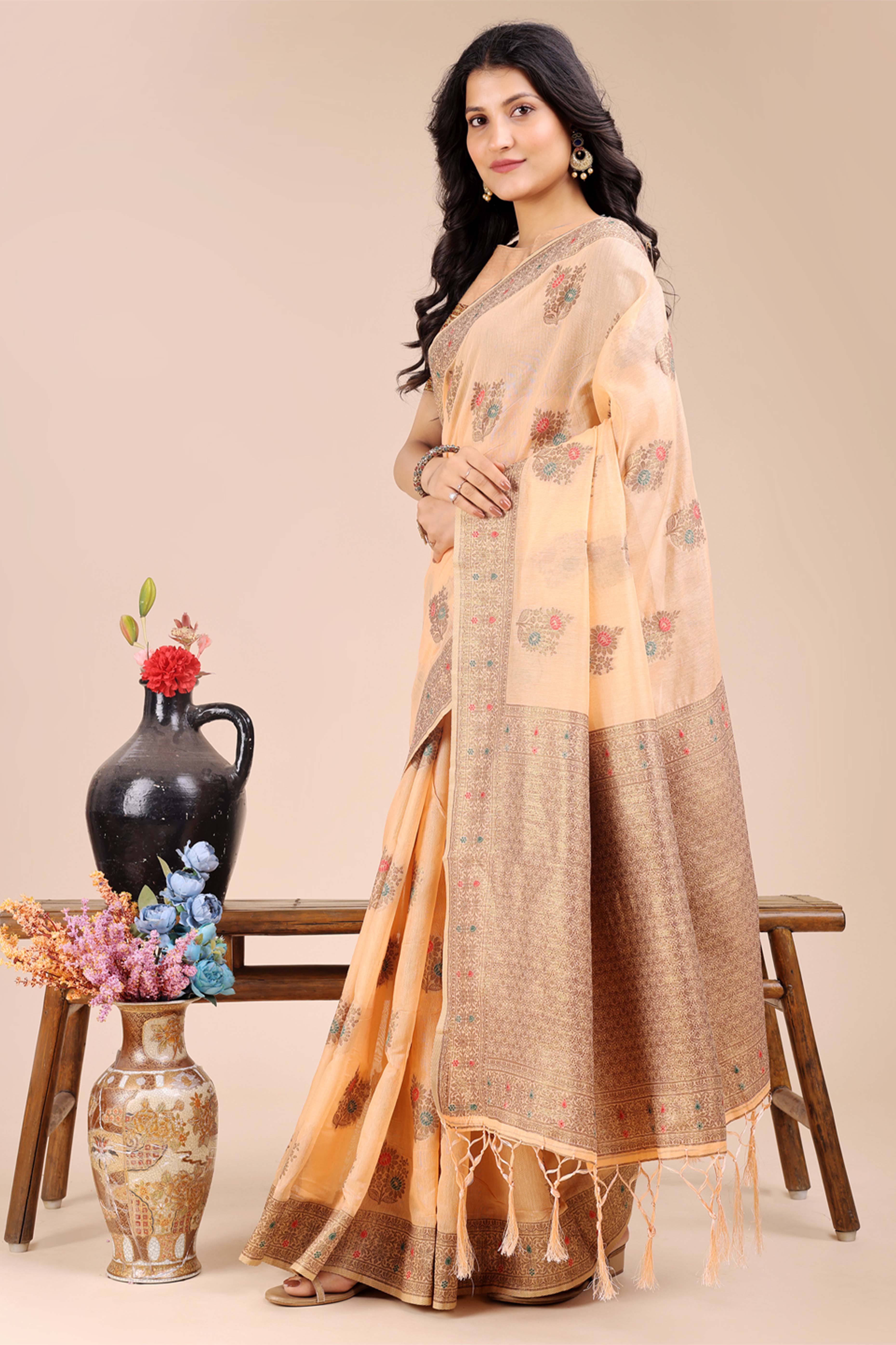 Peach Saree in Cotton Silk with Heritage Inspired Zari Woven Accents