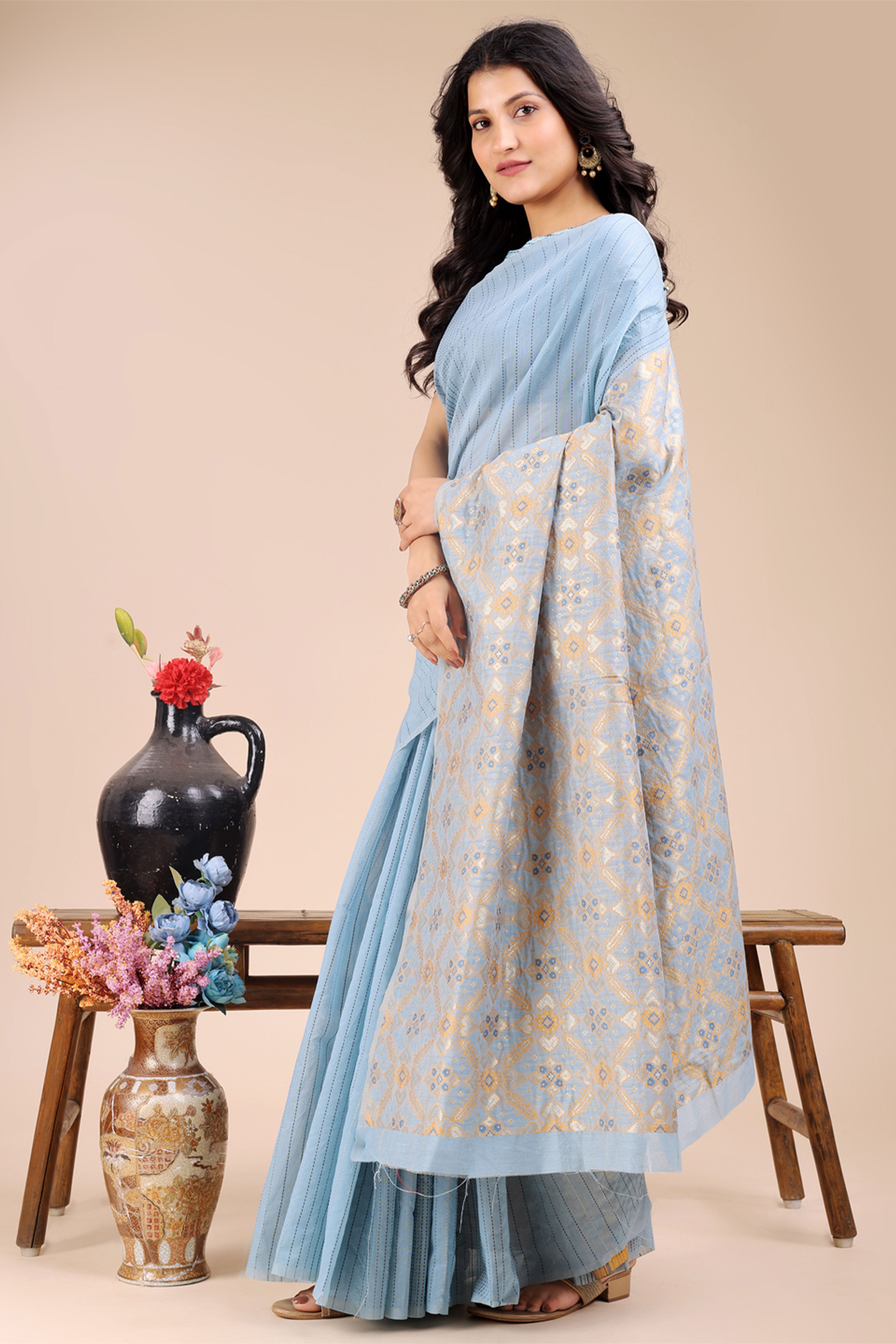Sky Blue Saree in Cotton Silk with Heritage Inspired Zari Woven Accents