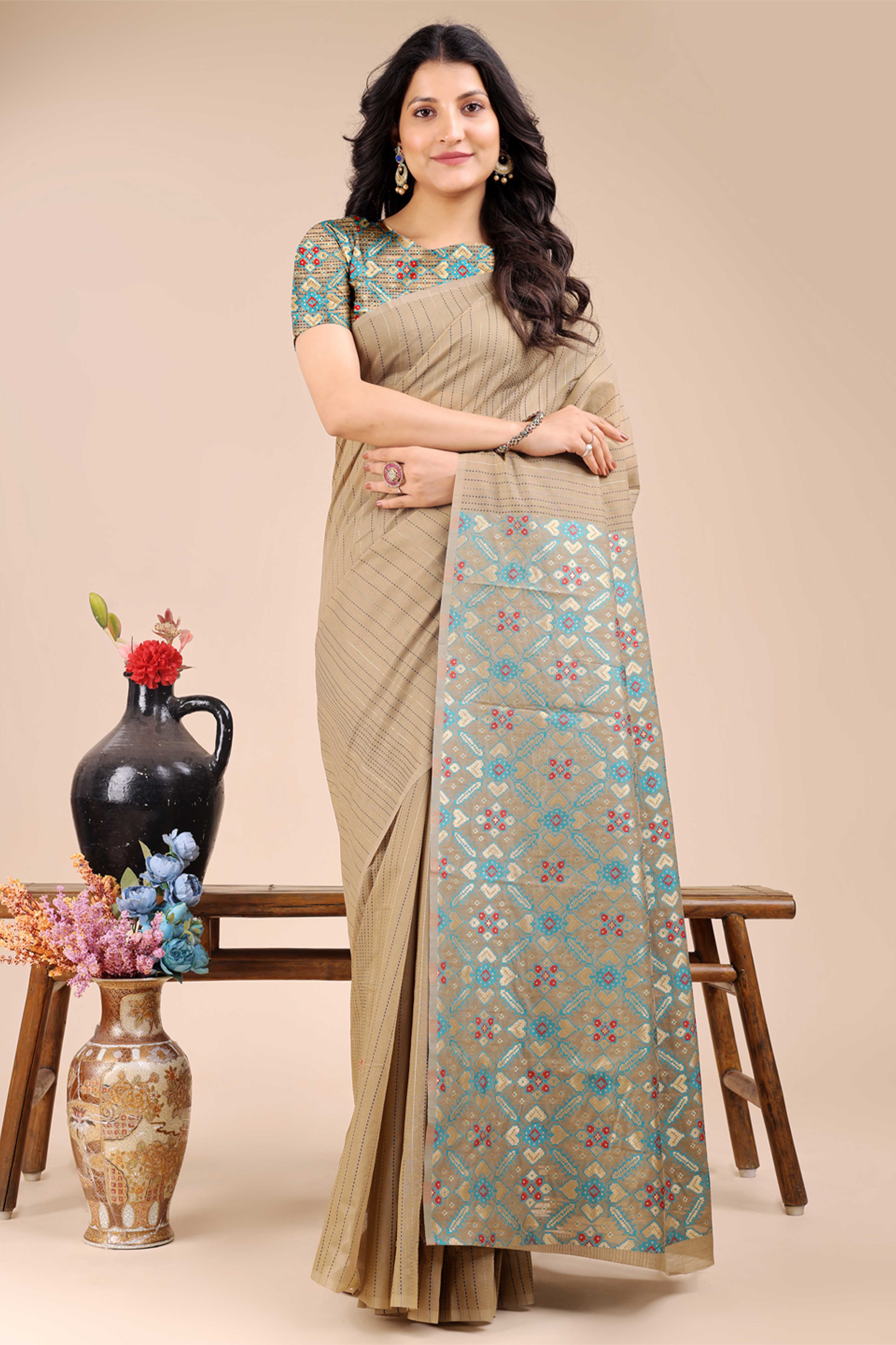 Beige Saree in Cotton Silk with Heritage Inspired Zari Woven Accents