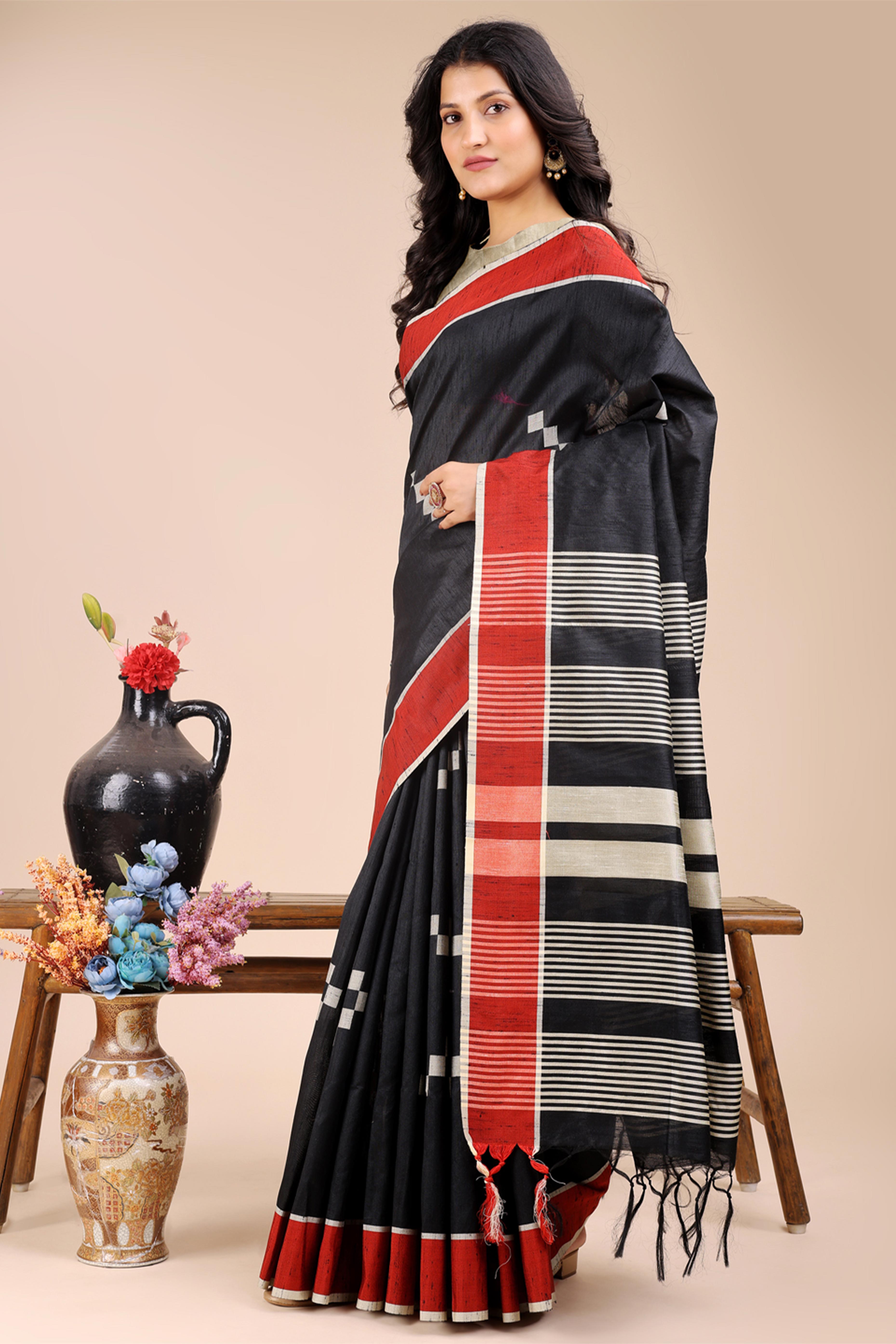 Black Saree in Cotton Silk with Heritage Inspired Zari Woven Accents