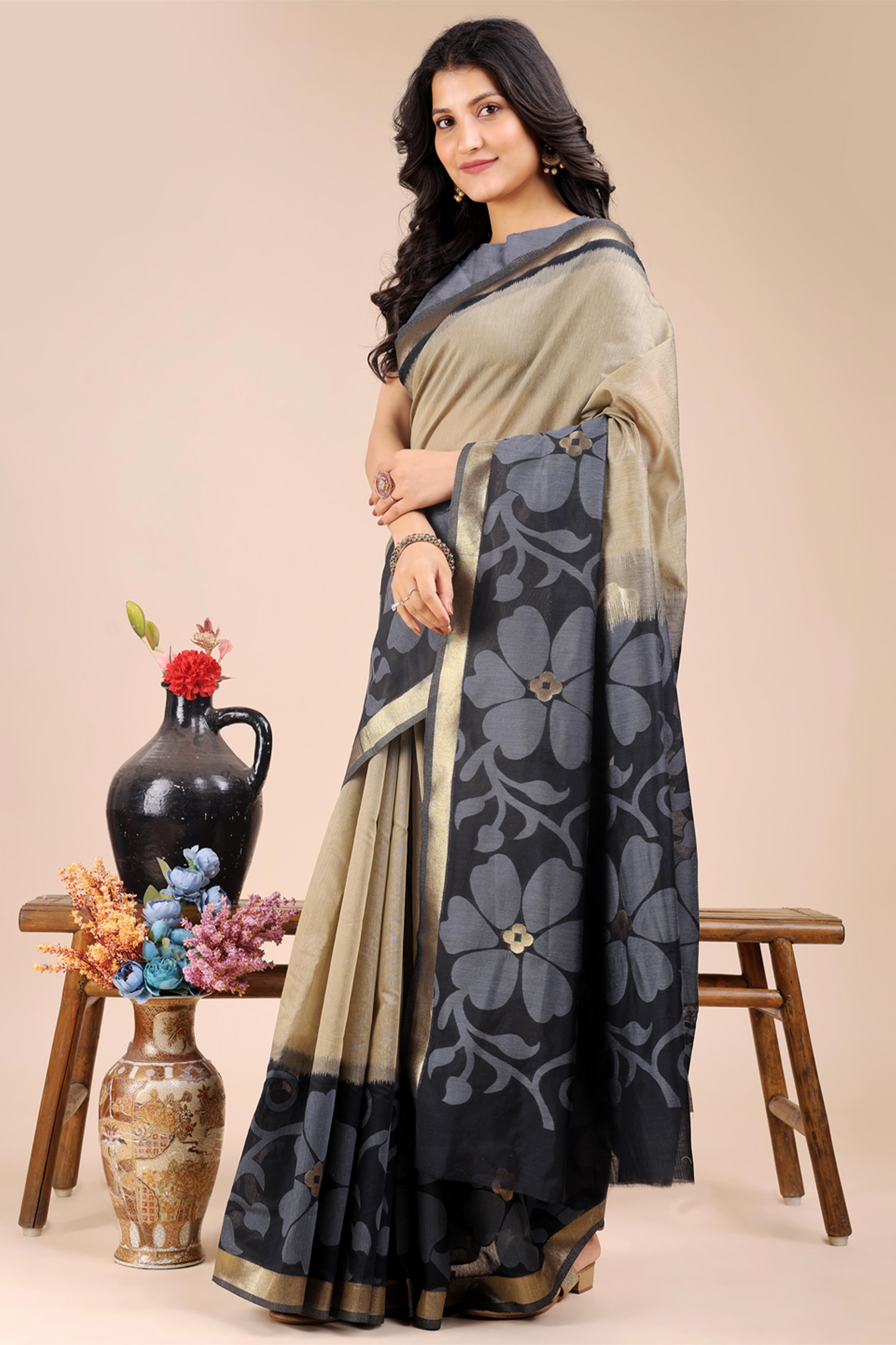 Beige & Black Saree in Cotton Silk with Heritage Inspired Zari Woven Accents