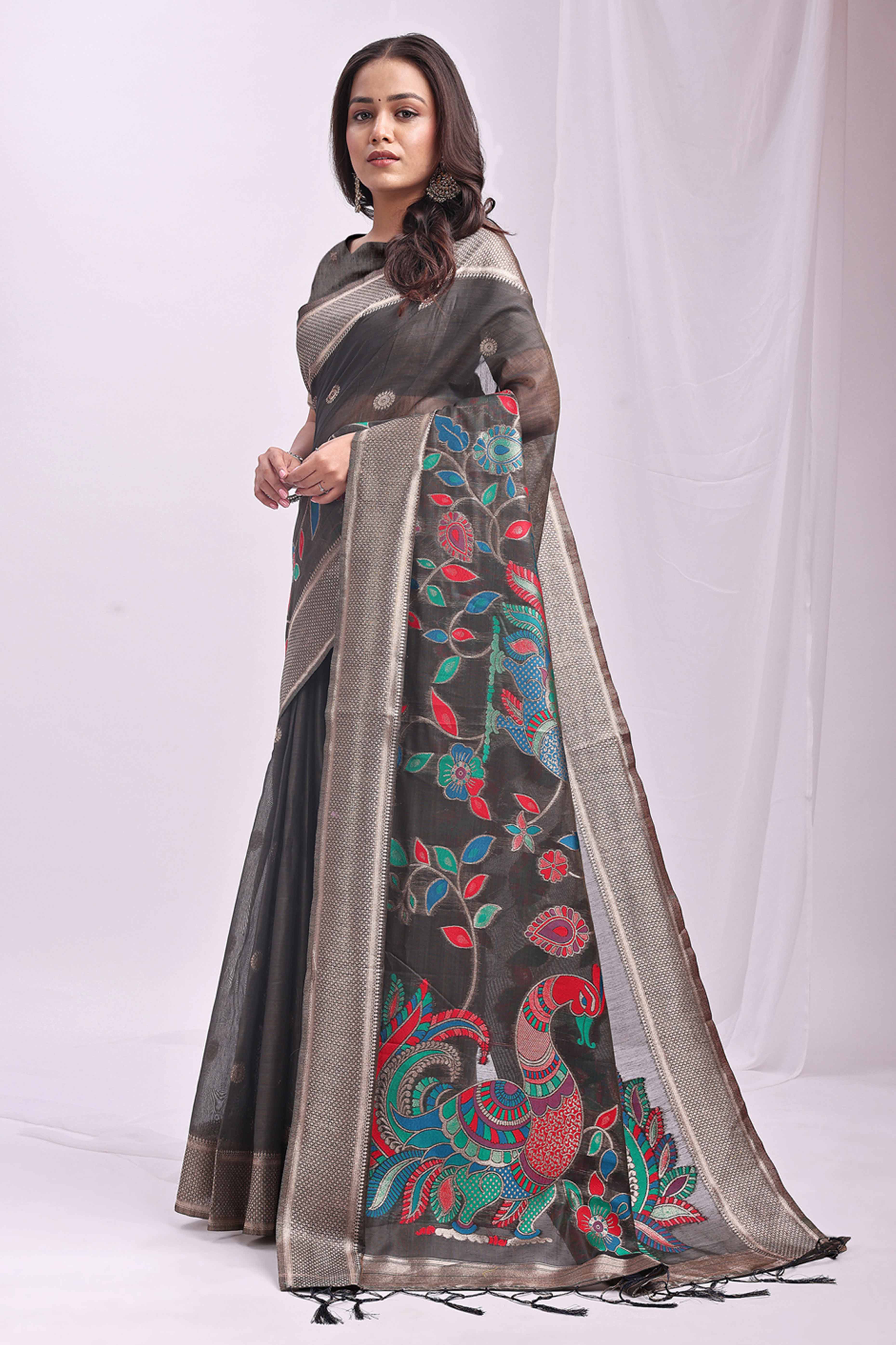 Dark Grey Floral Woven Linen Cotton Saree Accented With Peacock Motif Pallu & Zari Border