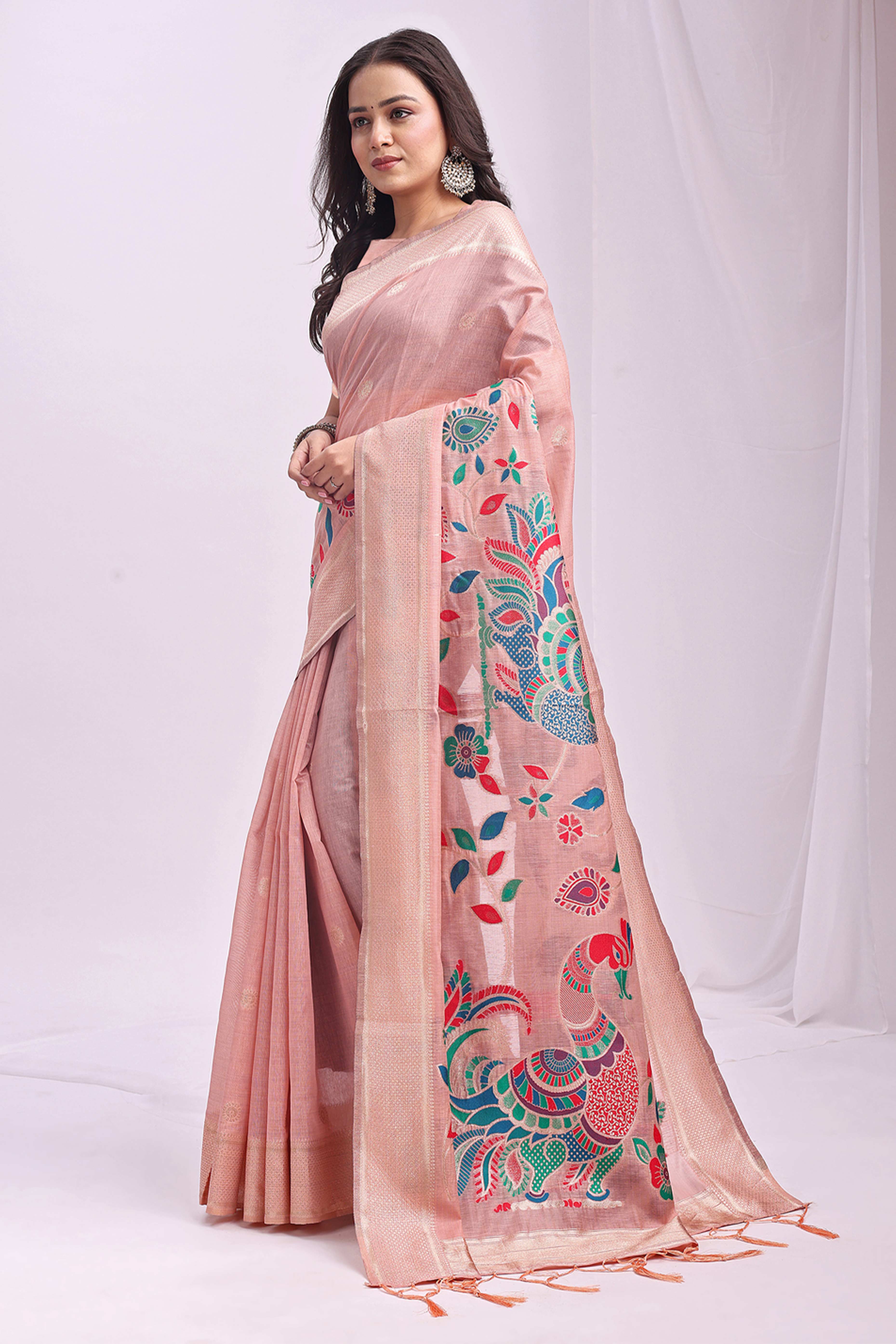 Peach Floral Woven Linen Cotton Saree Accented With Peacock Motif Pallu & Zari Border