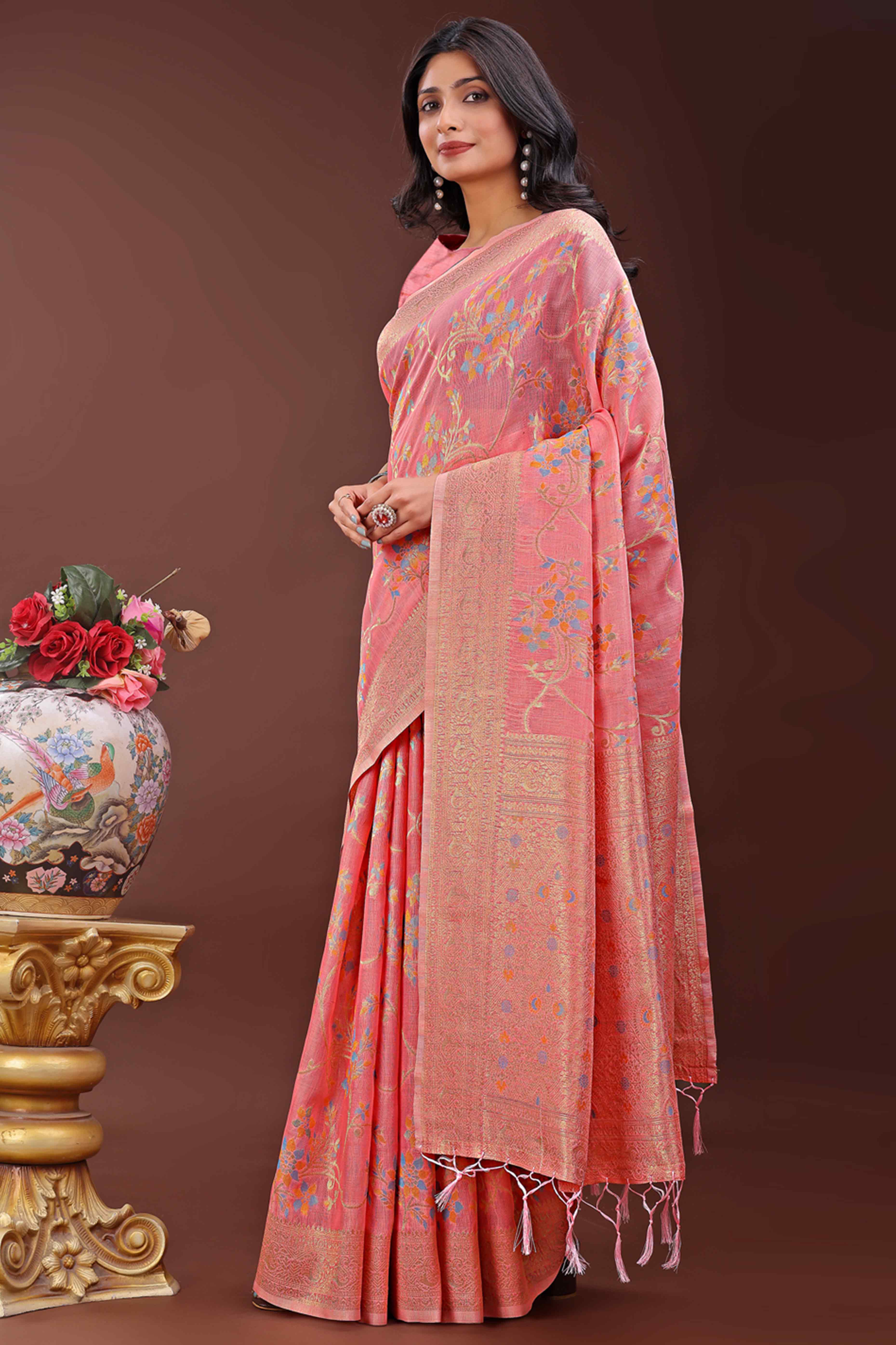 Gajari Pink Linen Cotton Saree With Intricate Floral Zari Weaving & Tassel Edge
