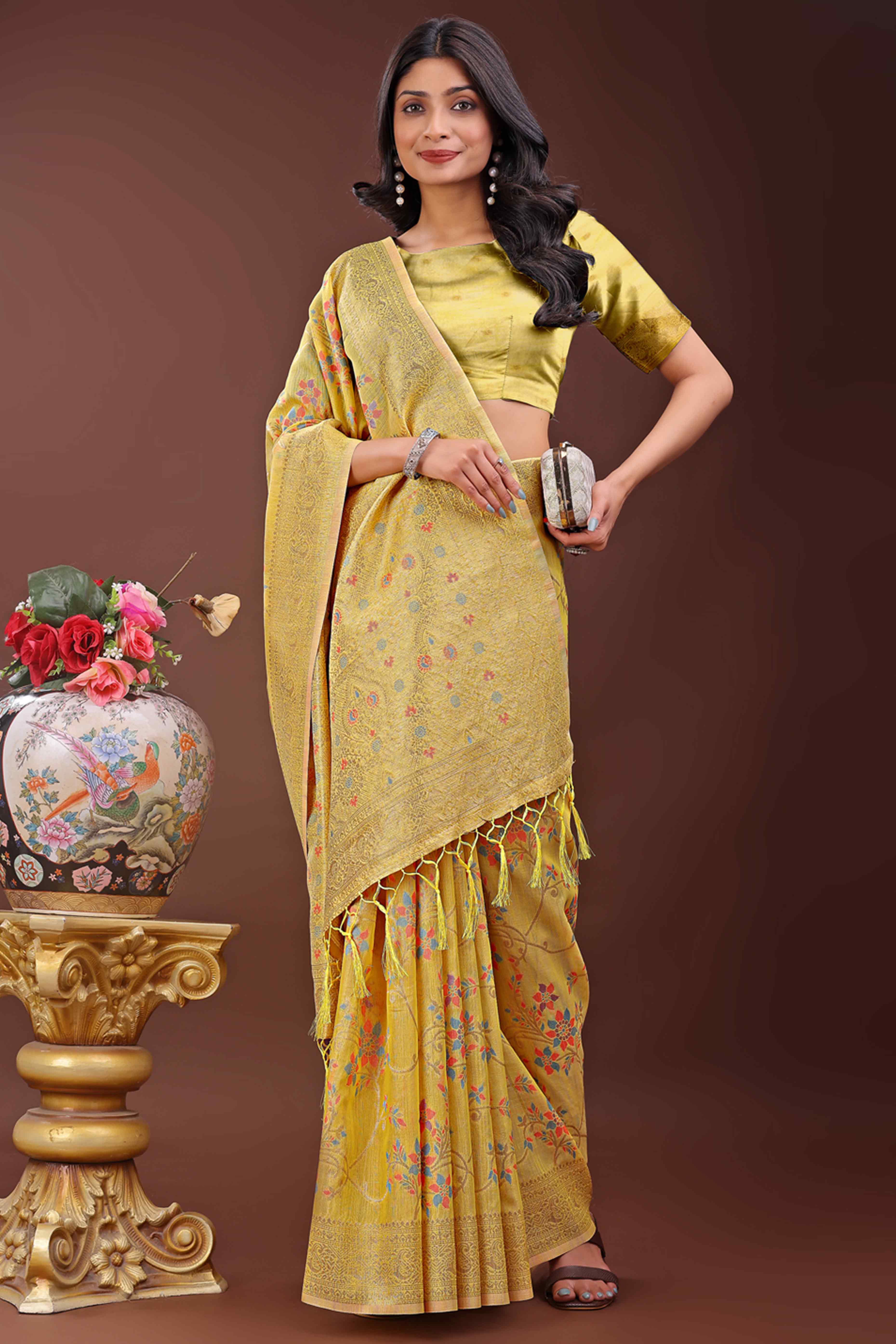 Yellow Linen Cotton Saree With Intricate Floral Zari Weaving & Tassel Edge