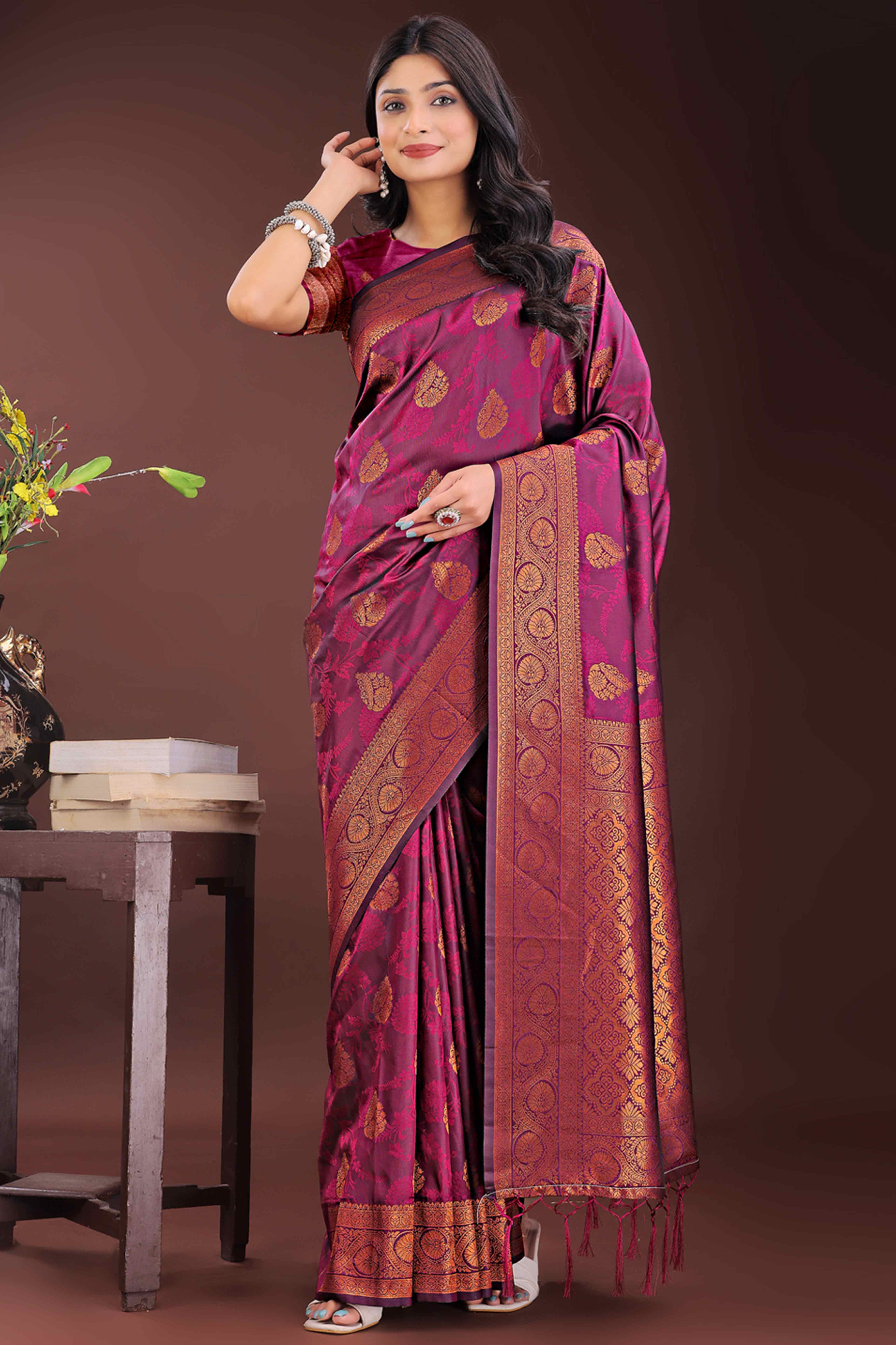 Purple Banarasi Saree in Silk with Intricately Woven Zari Florals
