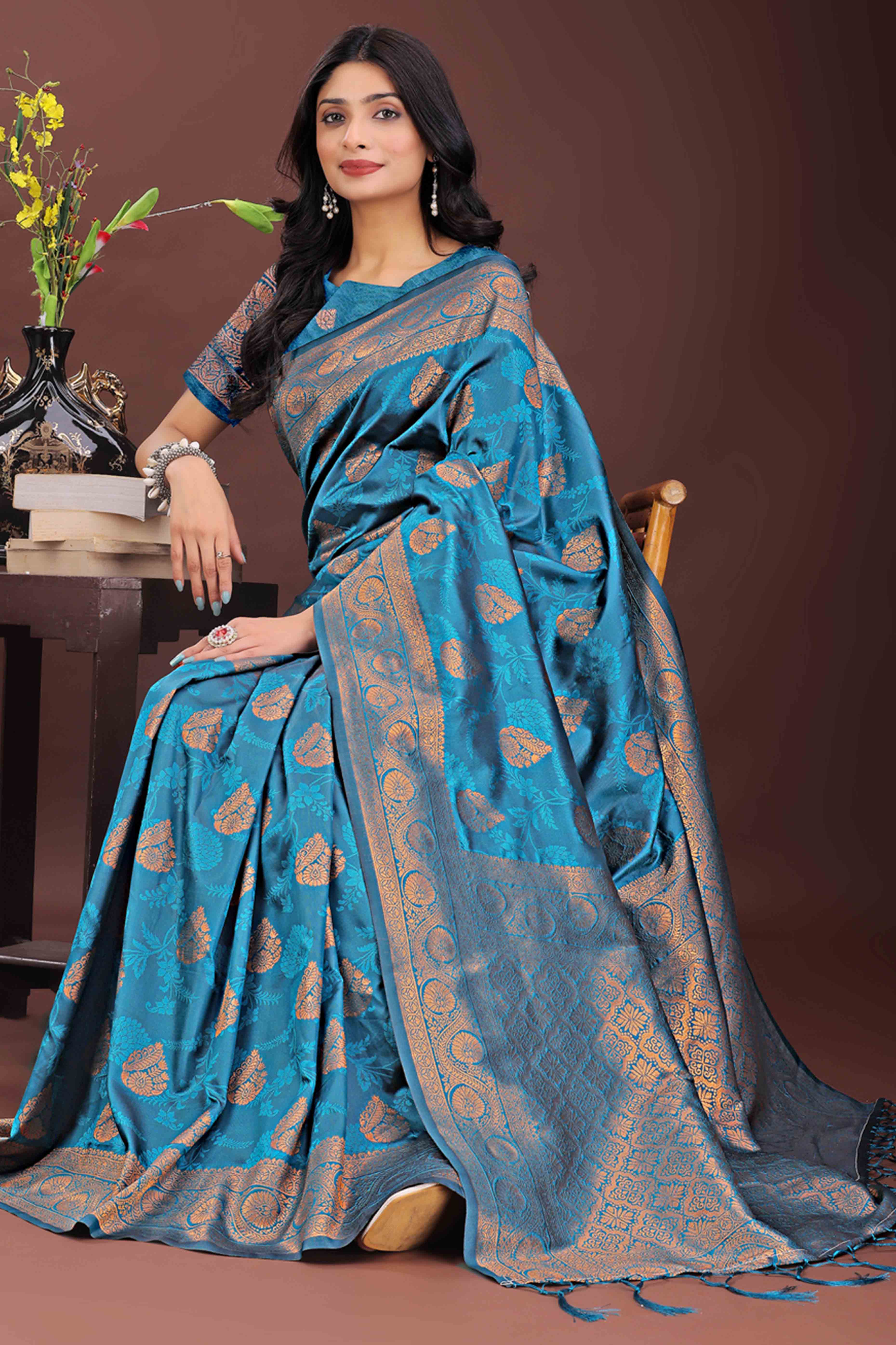 Teal Banarasi Saree in Silk with Intricately Woven Zari Florals