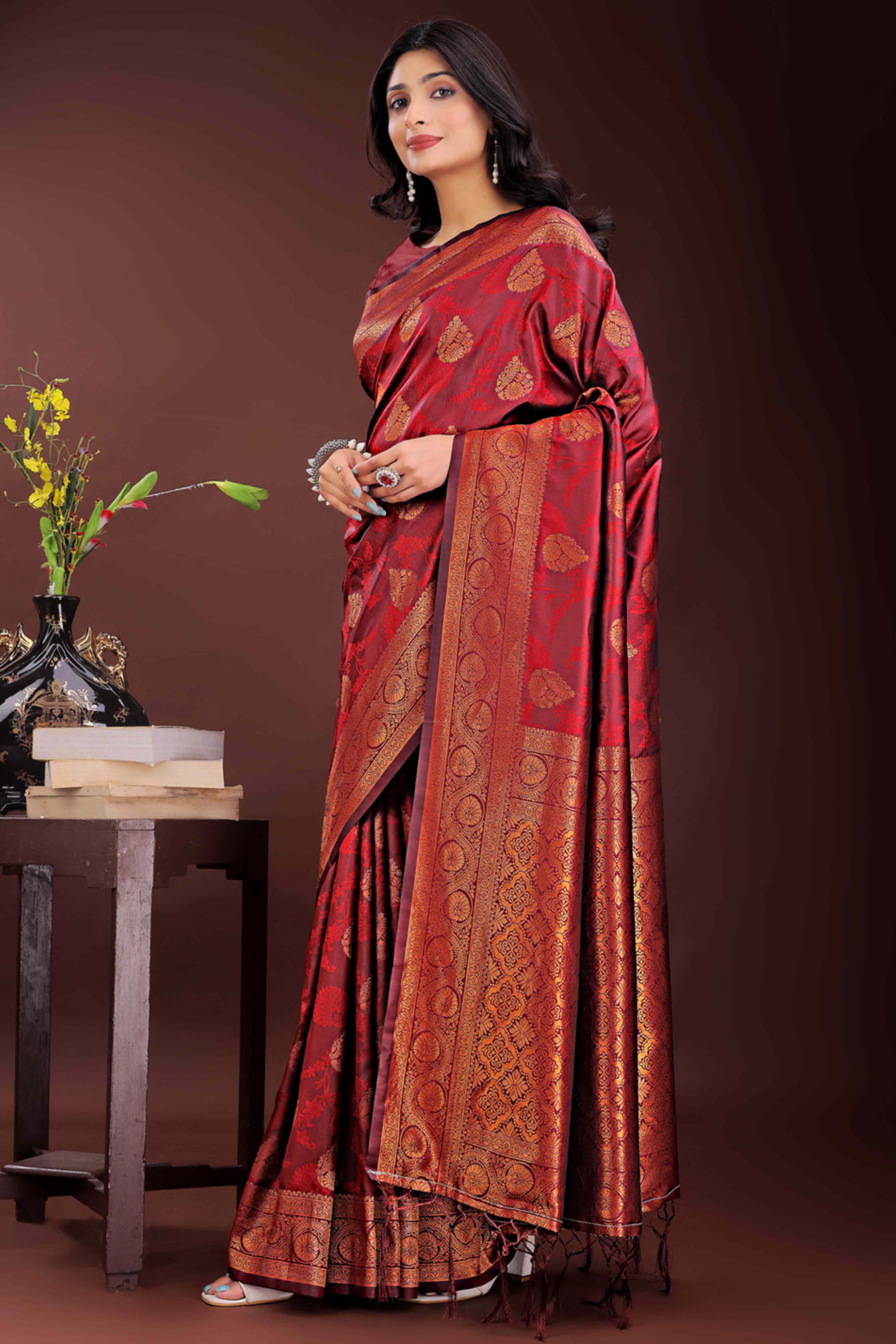 Maroon Banarasi Saree in Silk with Intricately Woven Zari Florals