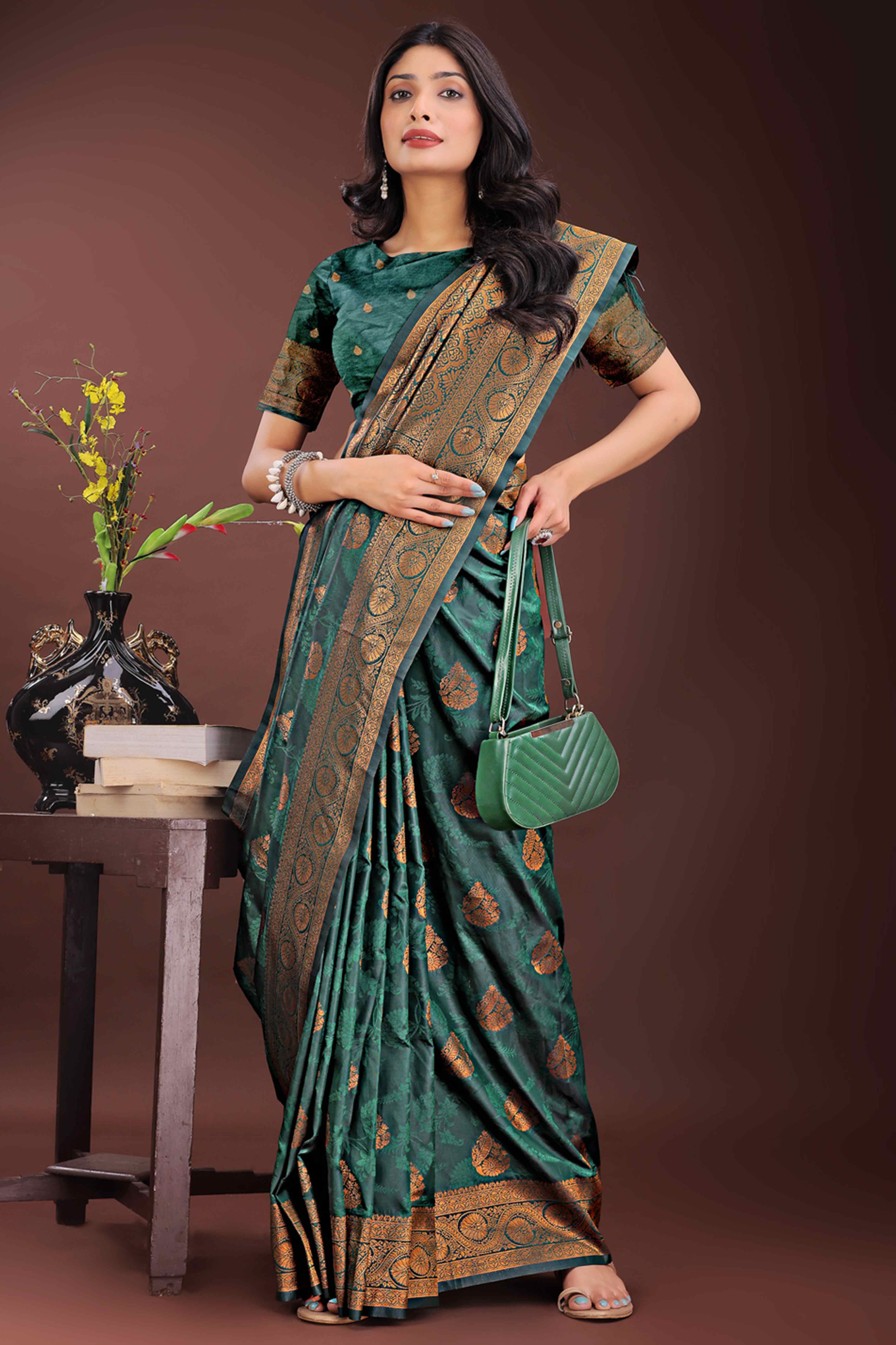 Dark Green Banarasi Saree in Silk with Intricately Woven Zari Florals