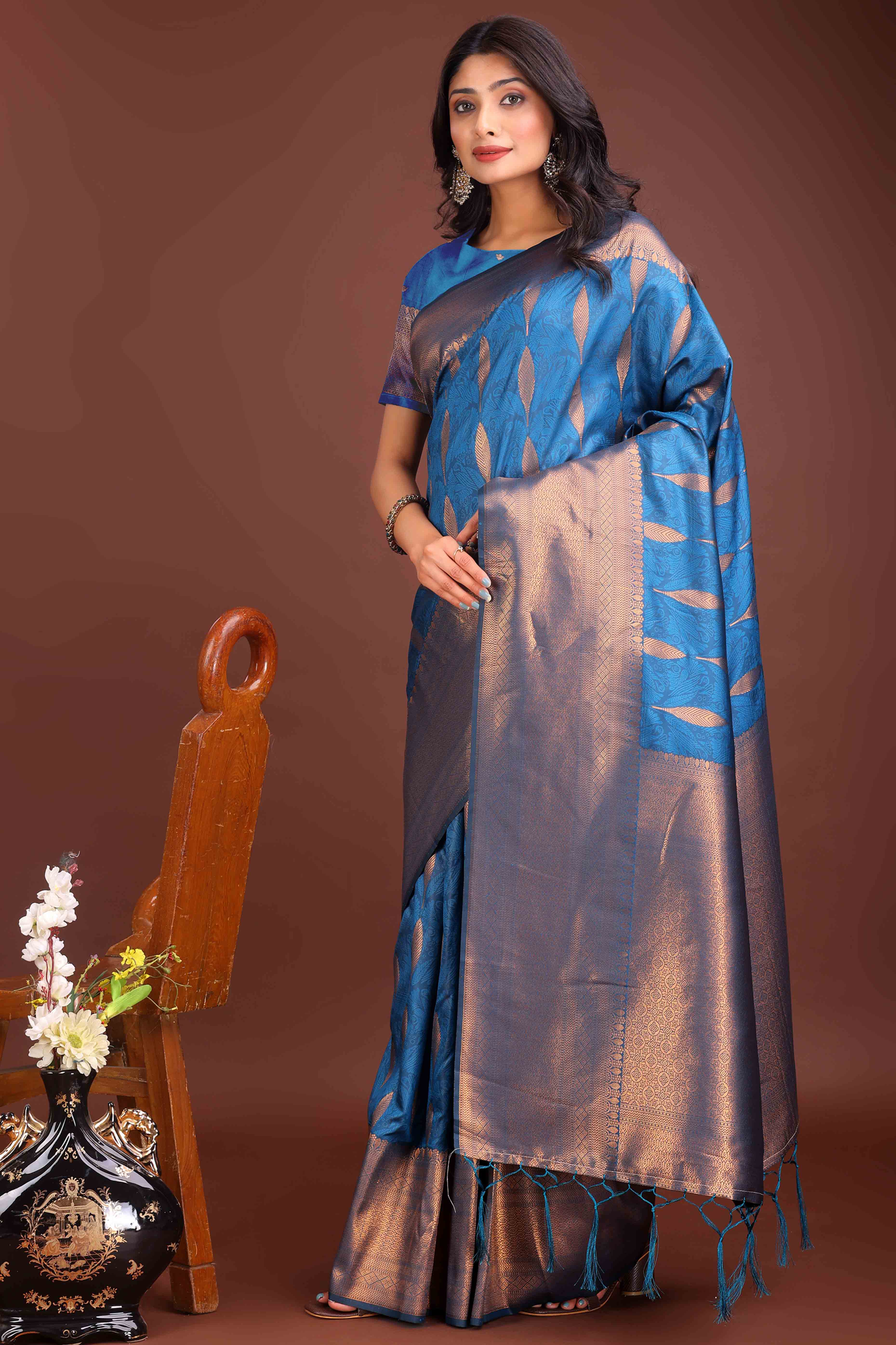 Blue Zari Woven Banarasi Silk Saree With Timeless Tassel Border