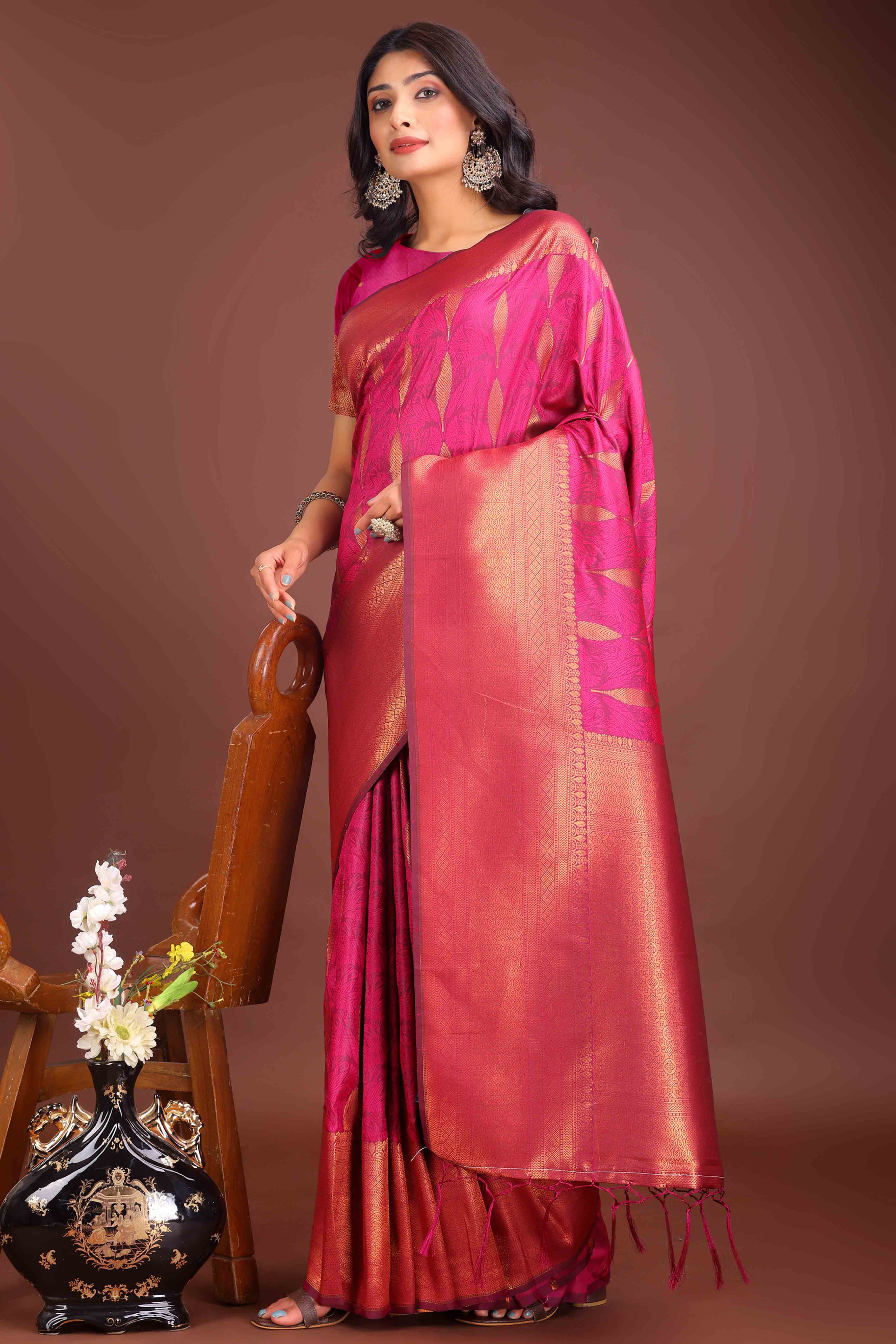 Rani Pink Zari Woven Banarasi Silk Saree With Timeless Tassel Border