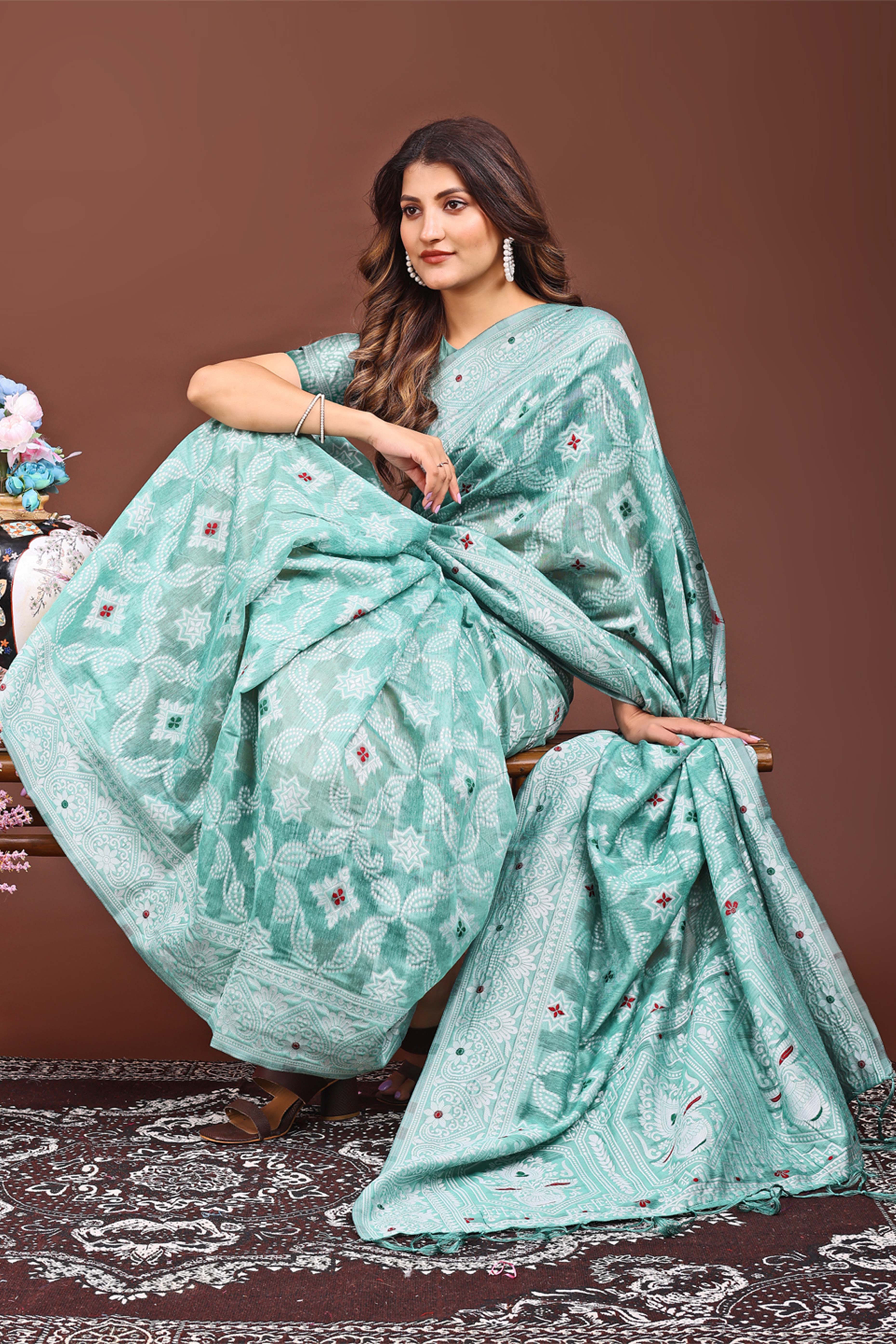 Traditional Bandhani Inspired Woven Sea Green Saree in Breathable Linen Cotton