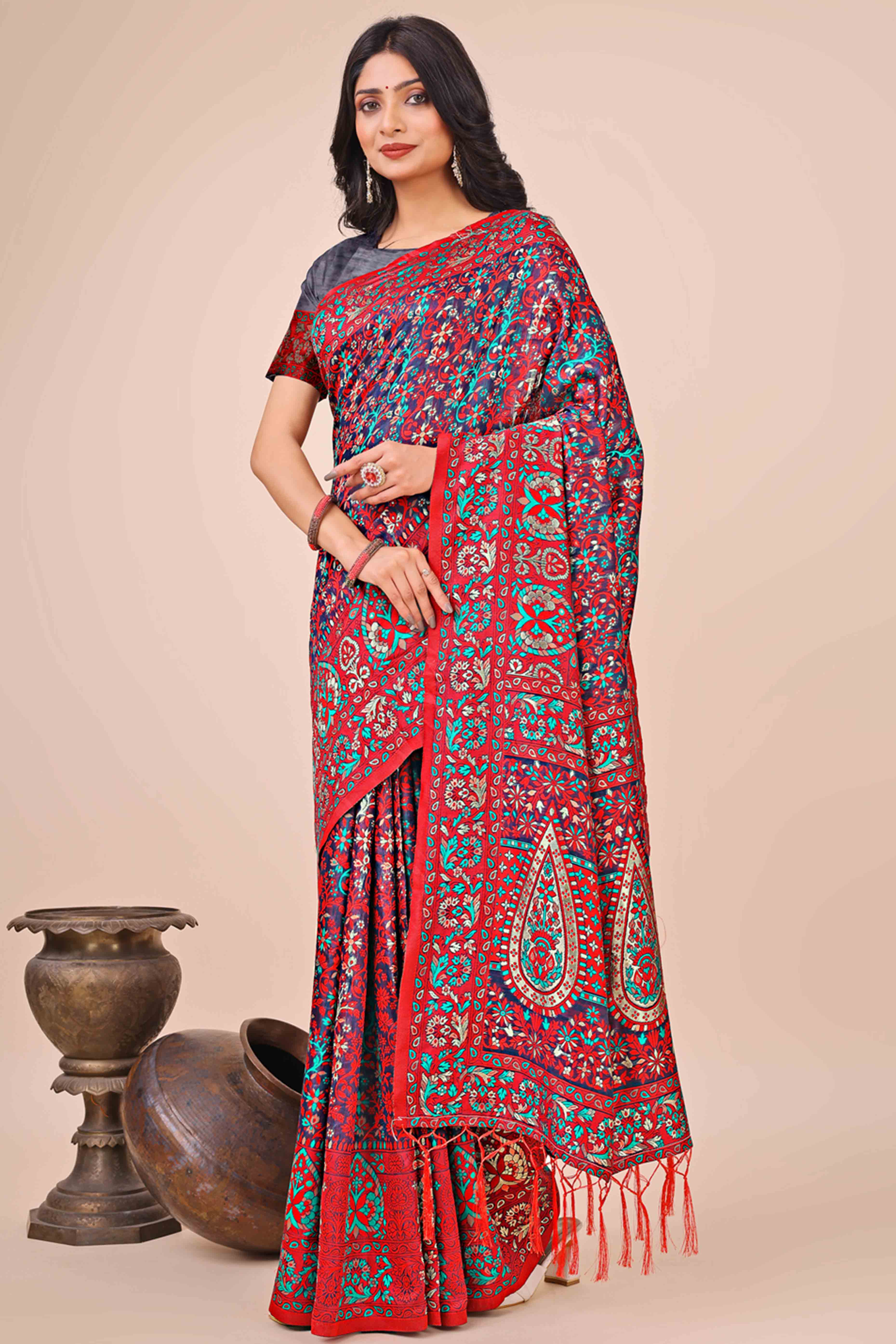 Red & Blue Floral Woven Cotton Blend Saree With A Breezy Tassel Finish