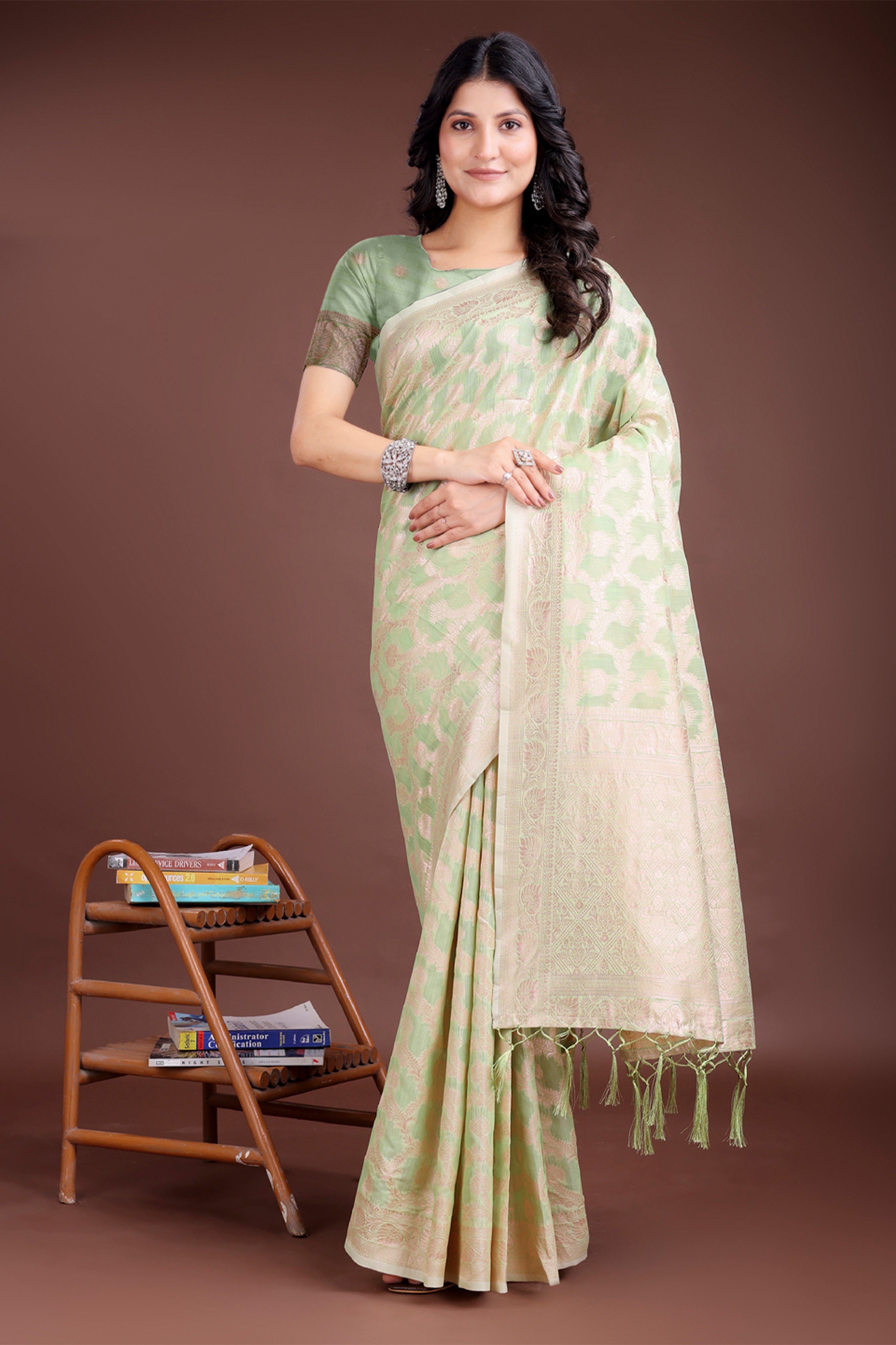Light Green Linen Cotton Saree with Lustrous Zari Borders and Elegant Tassel Accents