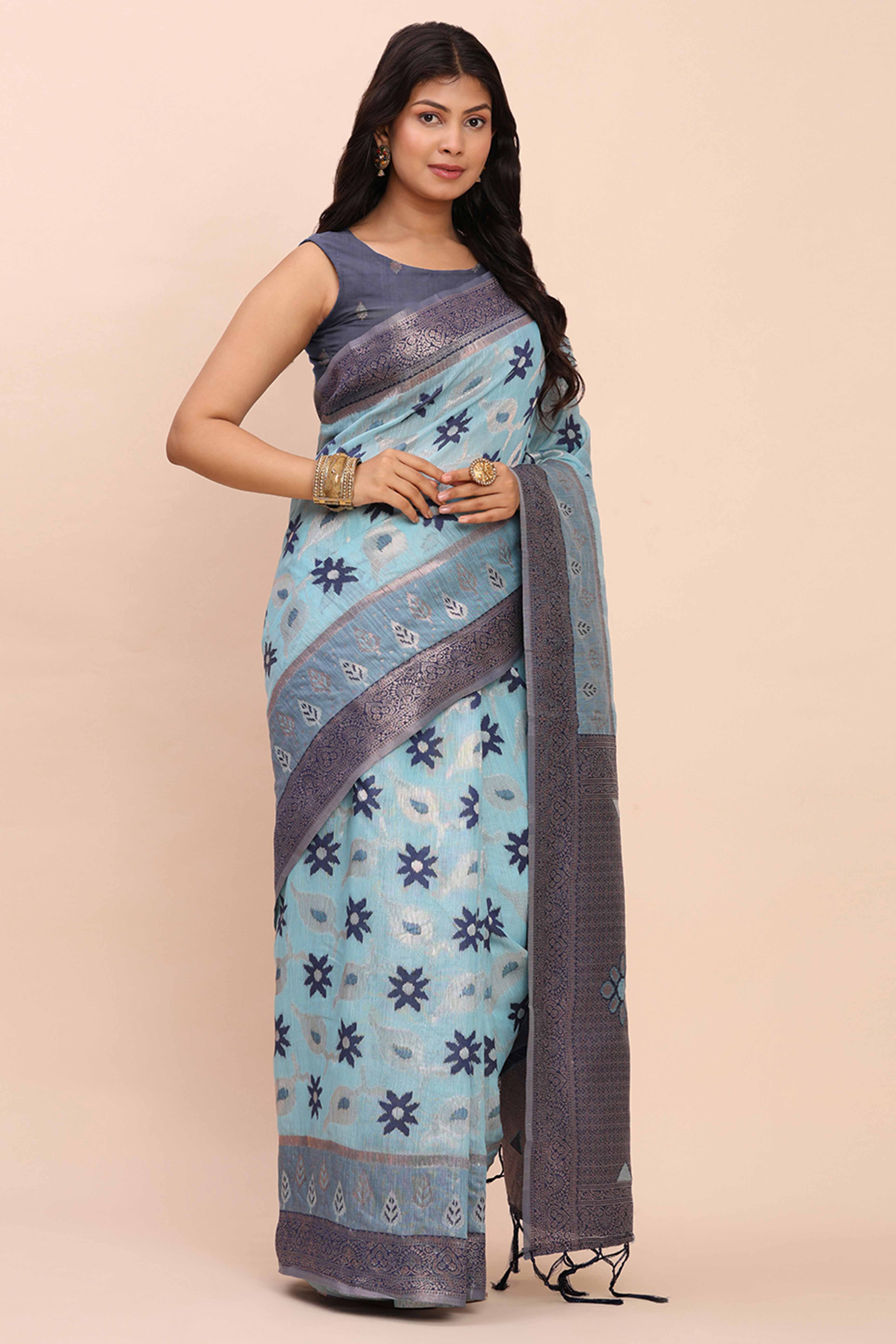 Sky Blue Patola Inspired Linen Cotton Saree Adorned With Zari Weaving & Graceful Tassel Pallu