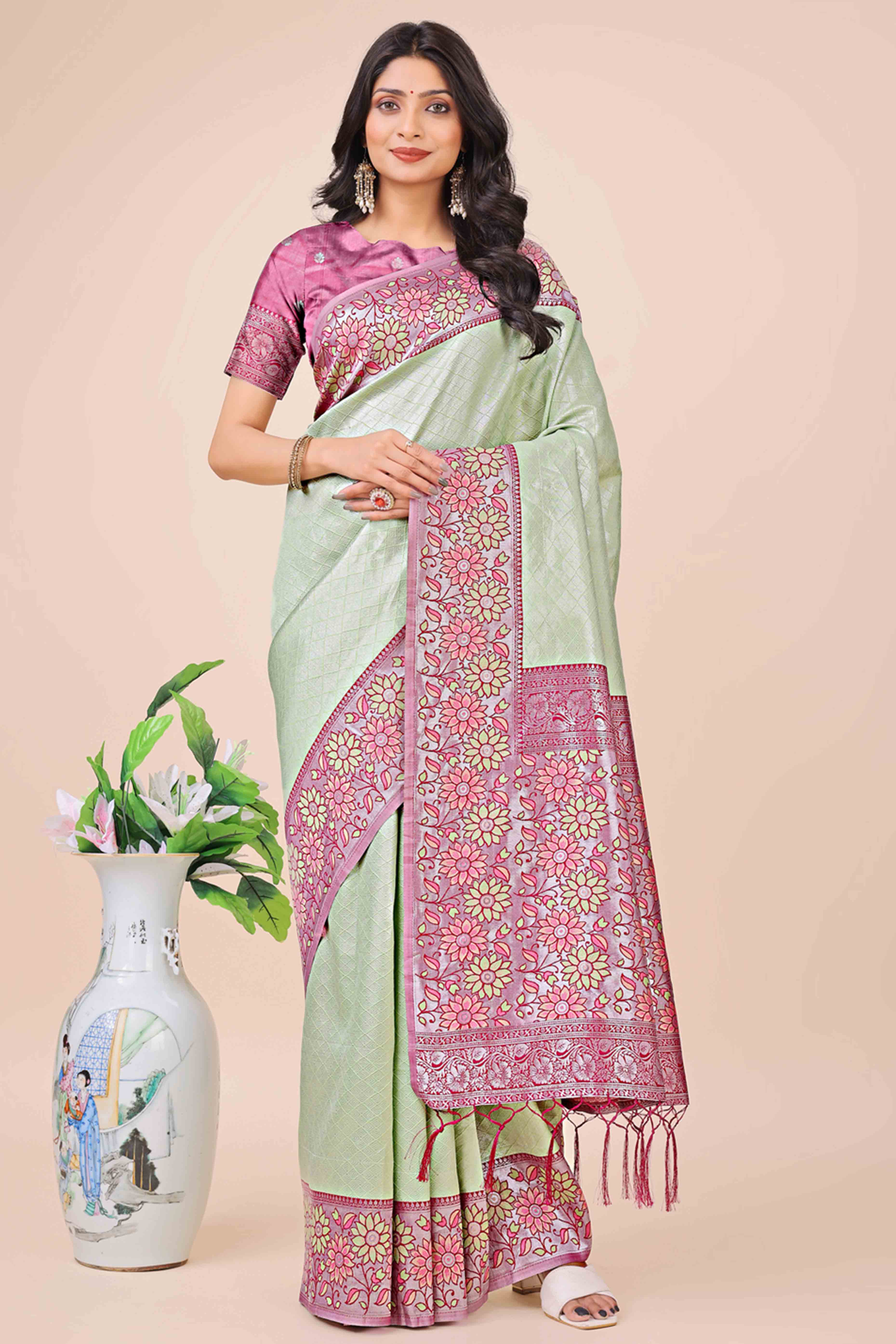 Green Lichi Silk Blend Saree With Exquisite Floral Weaving & Graceful Tassel Details