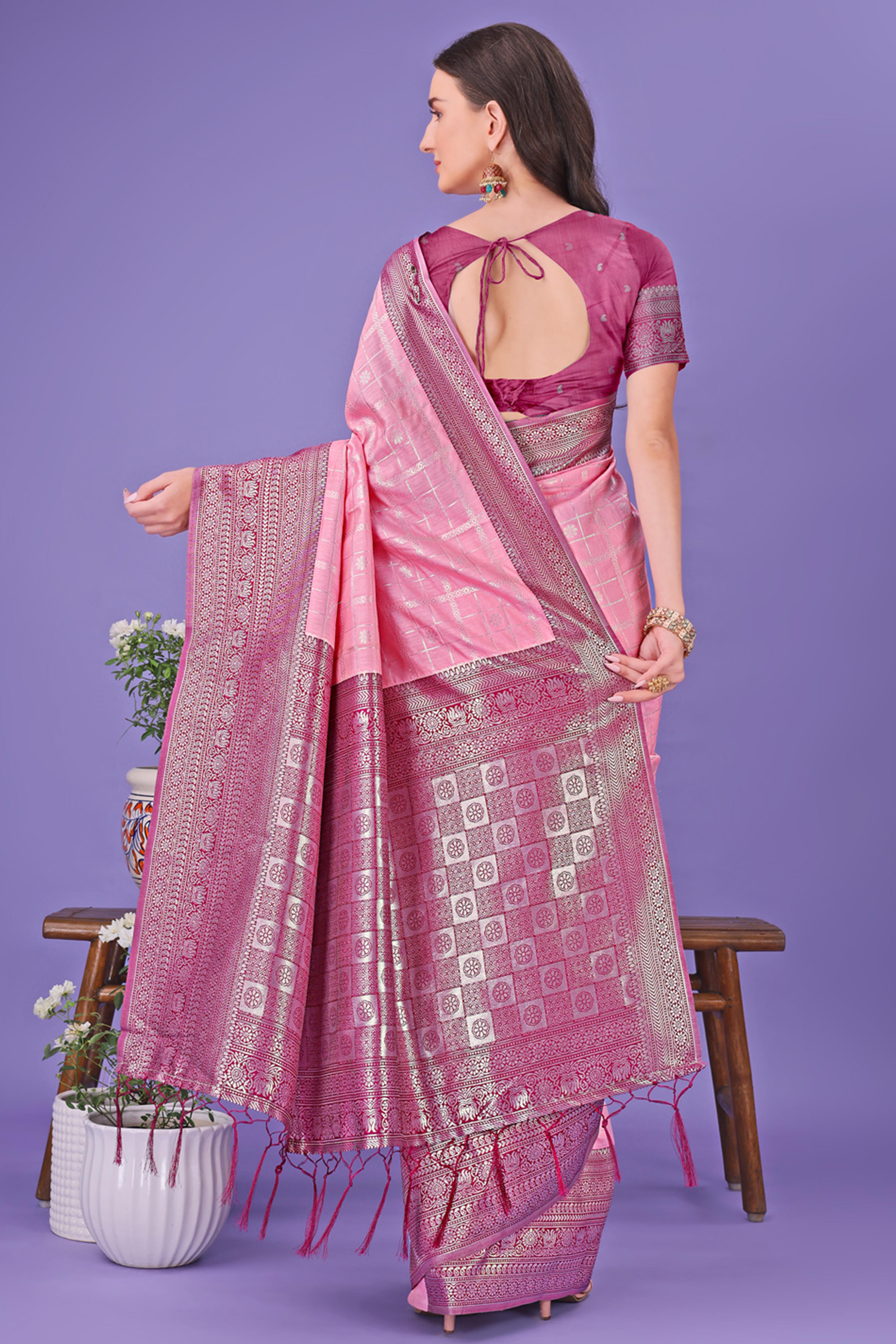 Pink Banarasi Weave in Checked Design with Lustrous Zari Embellishments